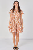 8Pcs Amber Leaf Pattern Print Tiered Mini Dress