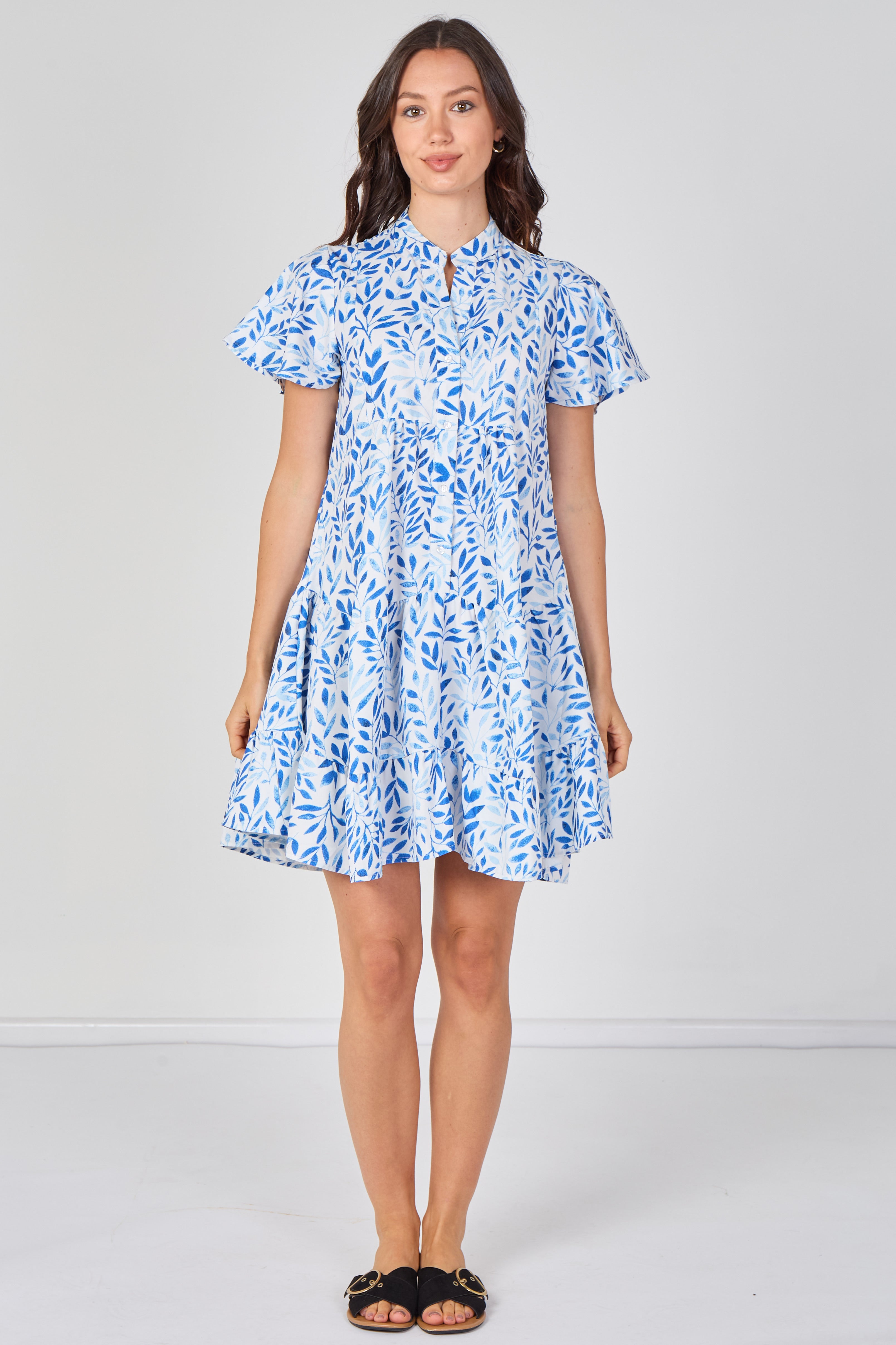 8Pcs Sky Blue Leaf Print Tiered Mini Dress