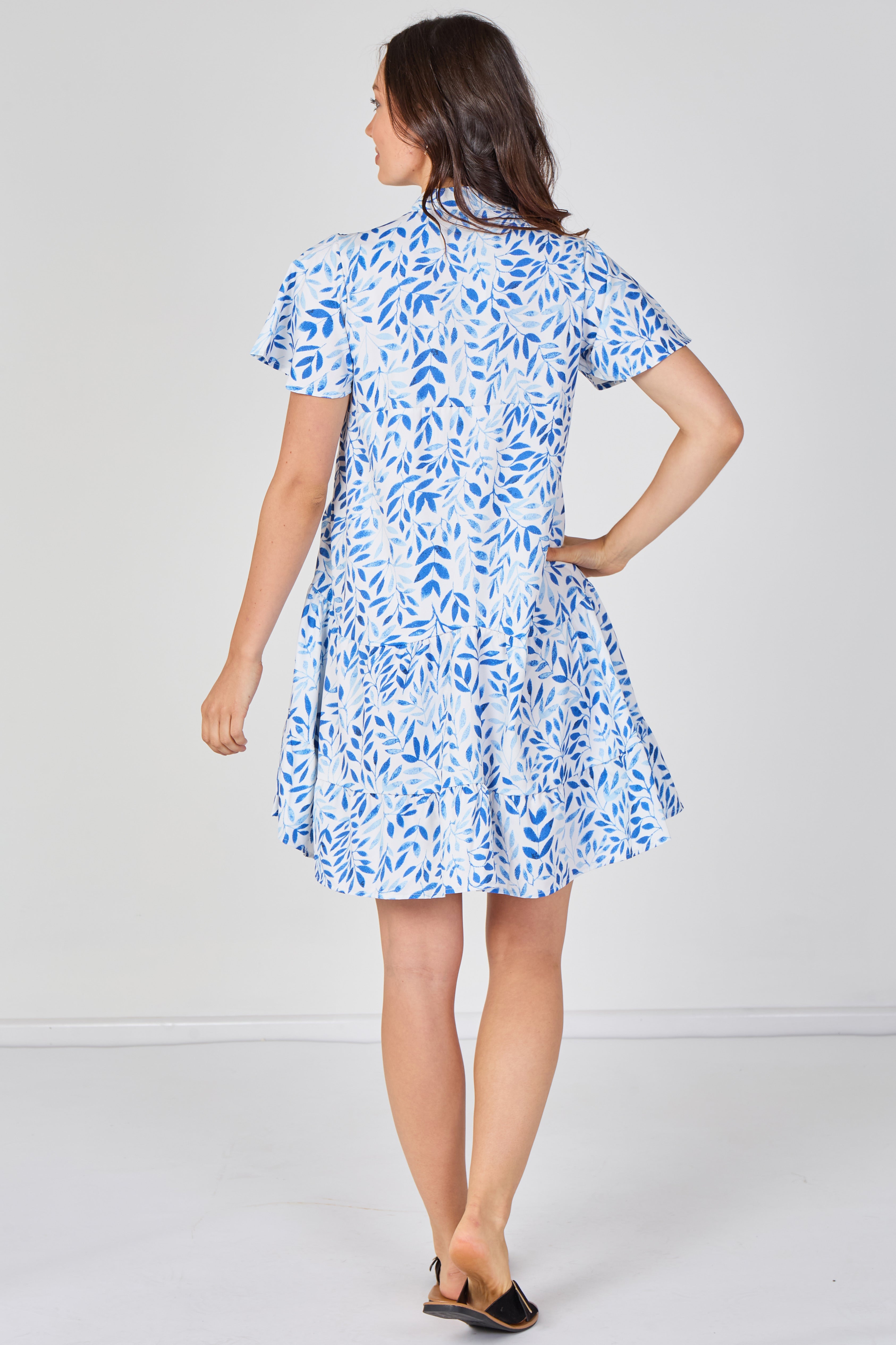 8Pcs Sky Blue Leaf Print Tiered Mini Dress