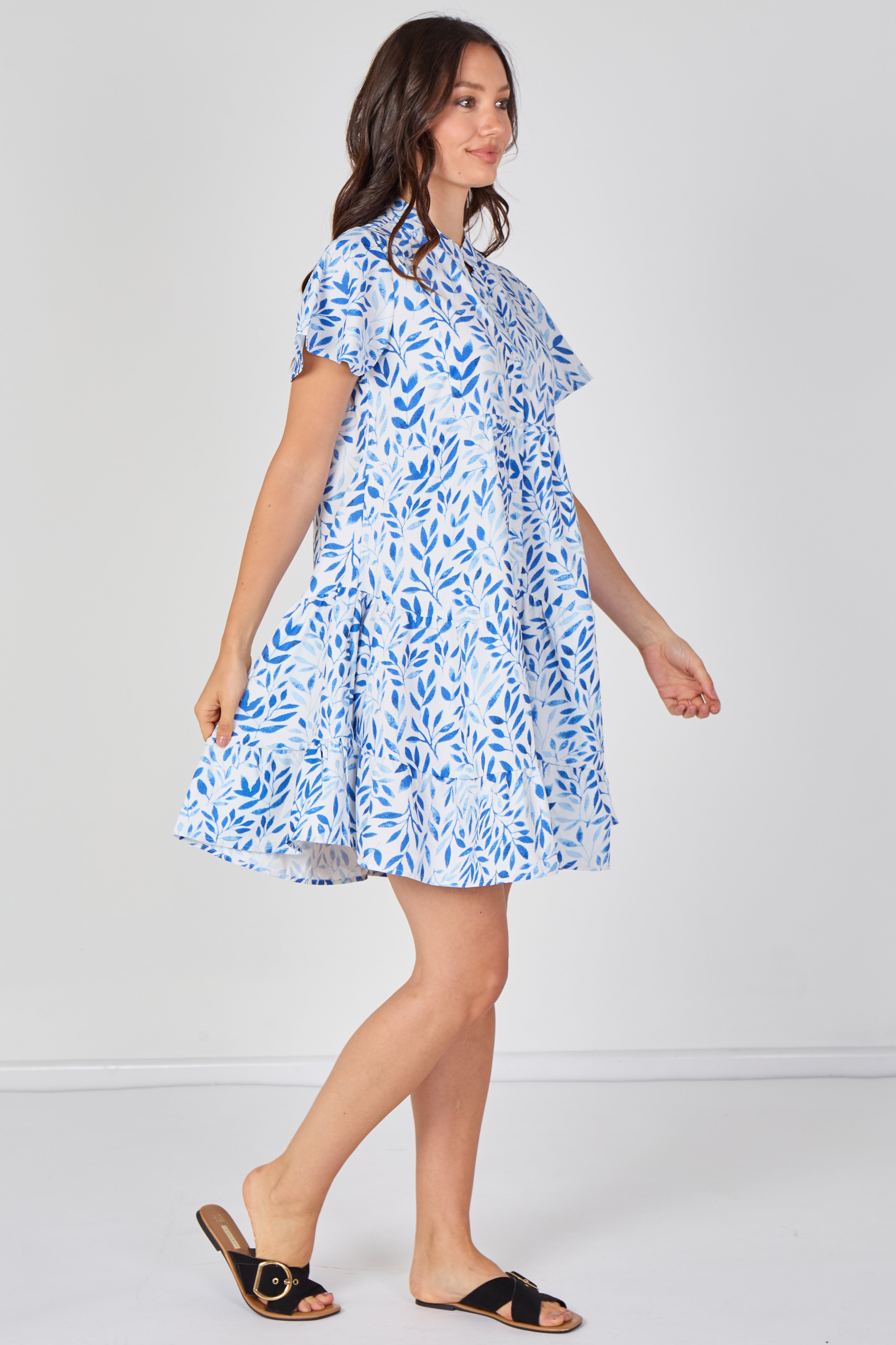 8Pcs Sky Blue Leaf Print Tiered Mini Dress