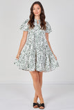 8Pcs Sage Green Leaf Print Tiered Mini Dress