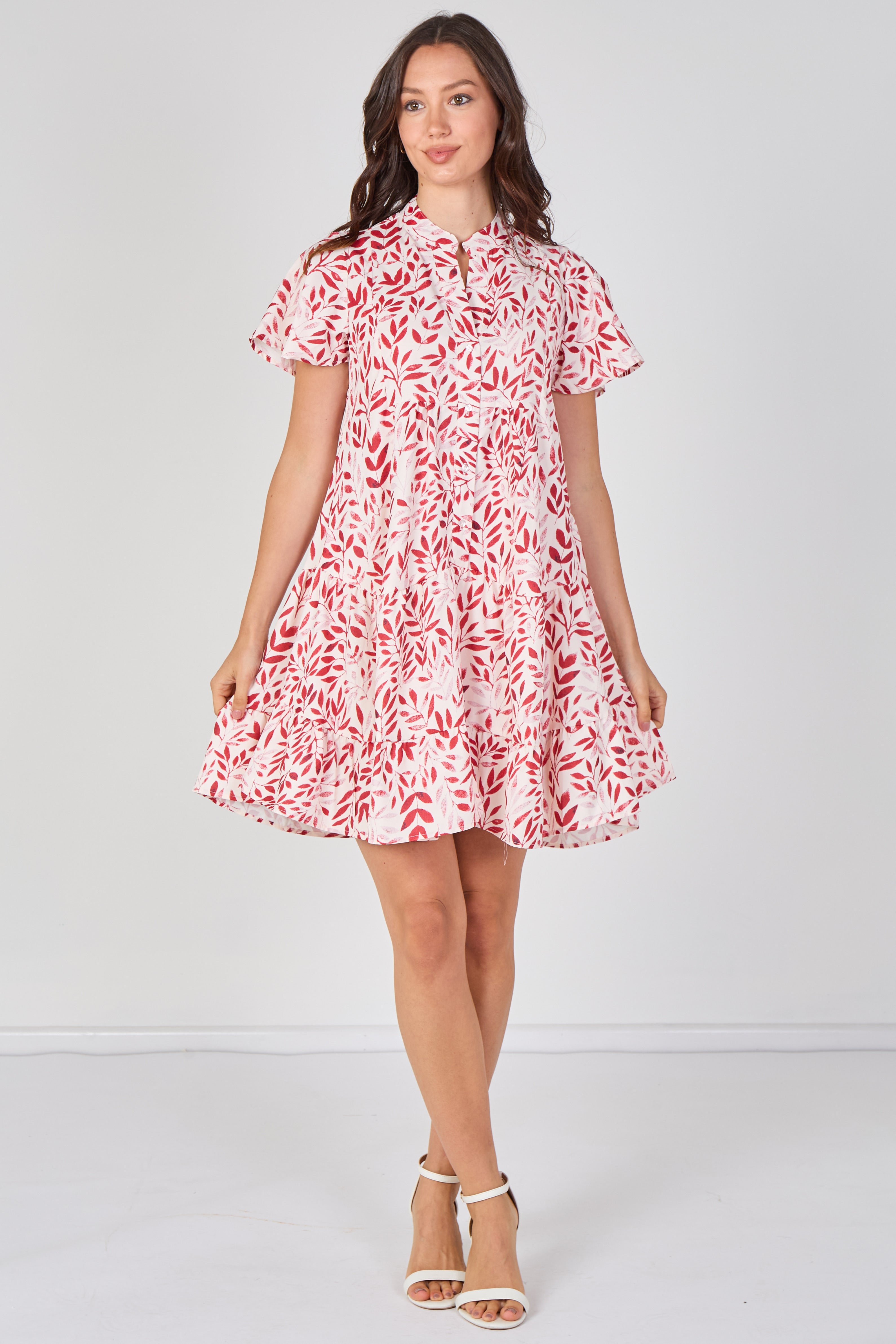 8Pcs Coral Leaf Print Tiered Mini Dress