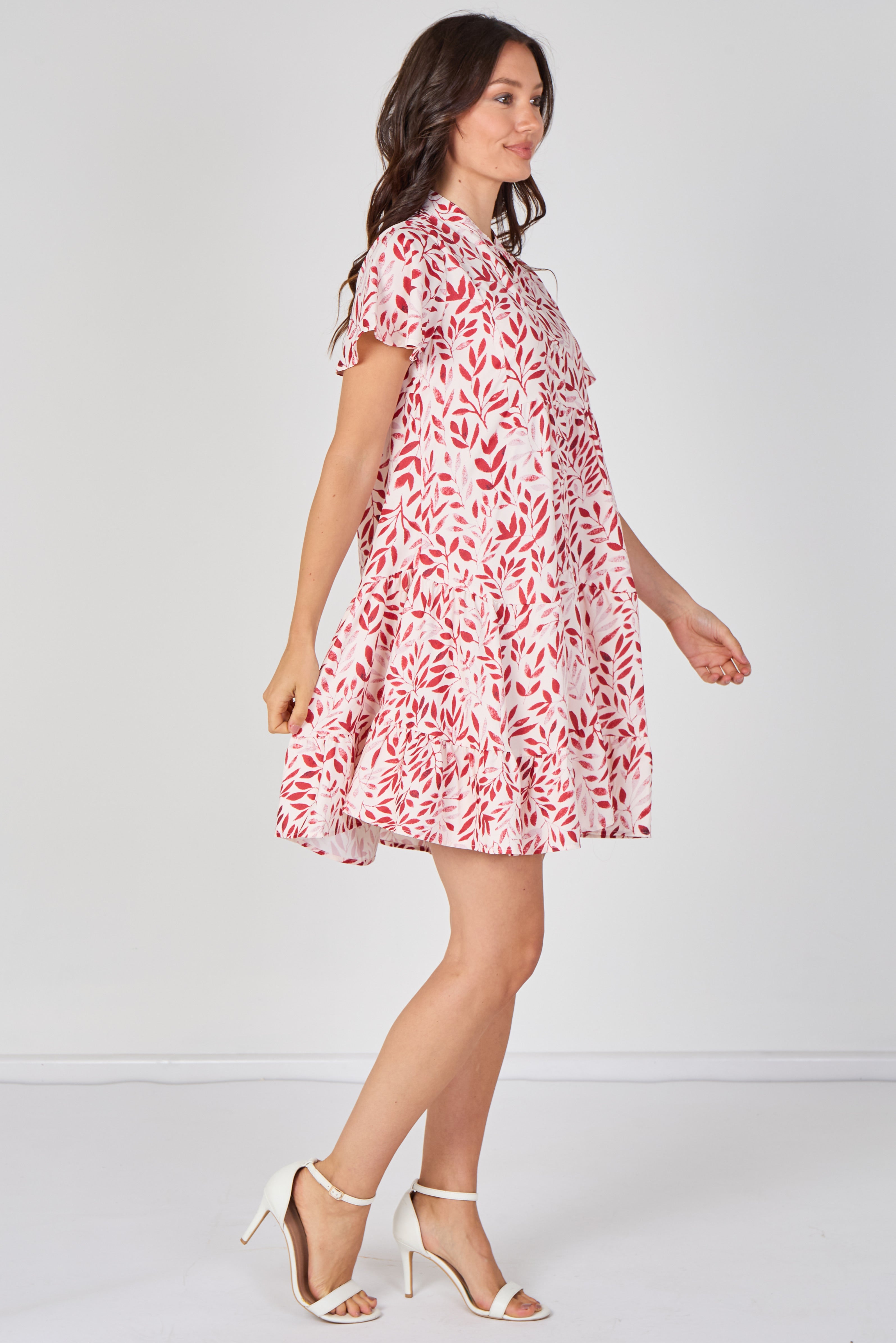 8Pcs Coral Leaf Print Tiered Mini Dress