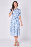 8Pcs Blue Leaf Print Tie Waist Midi Dress