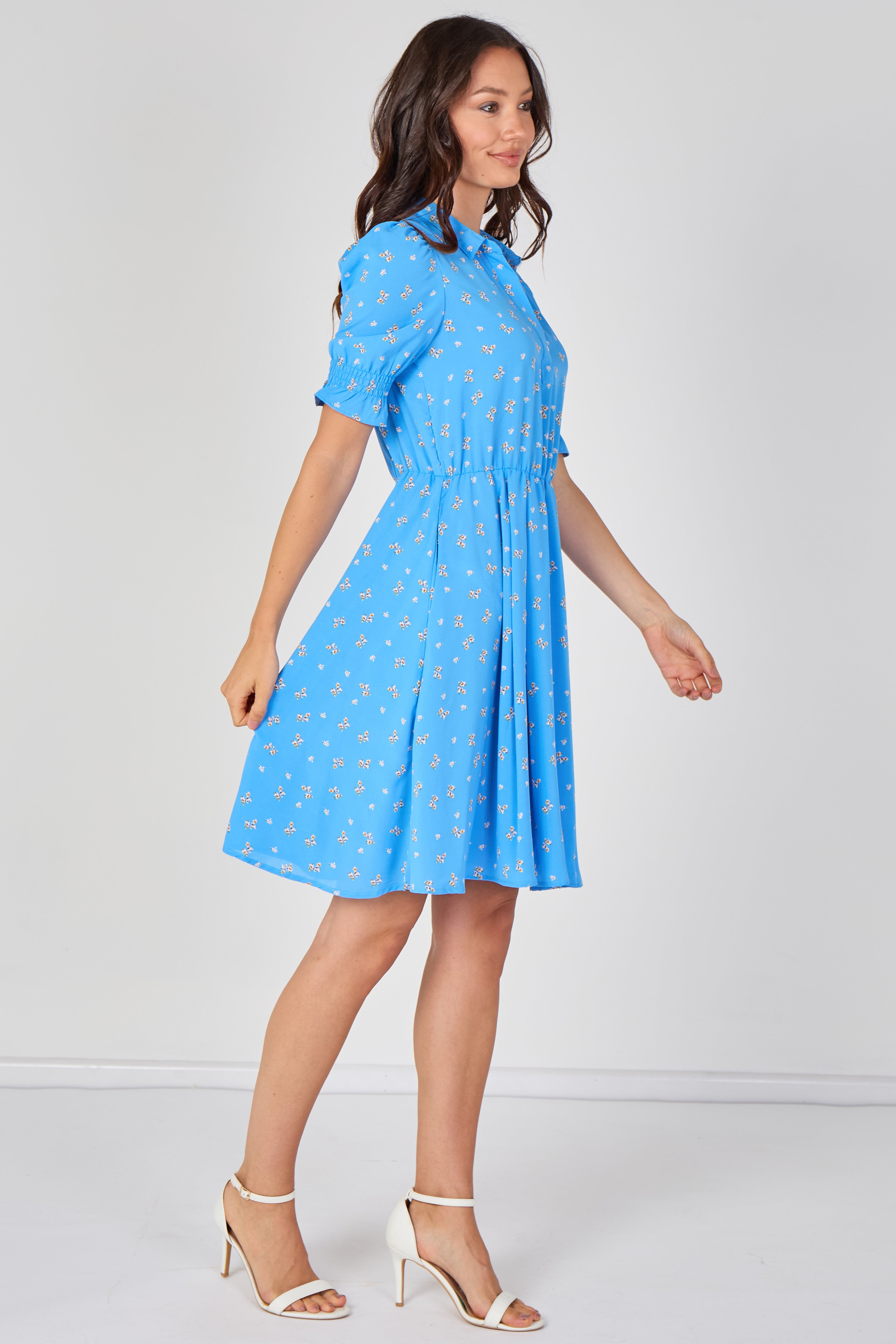 8Pcs Sky Blue Ditsy Floral Tea Dress