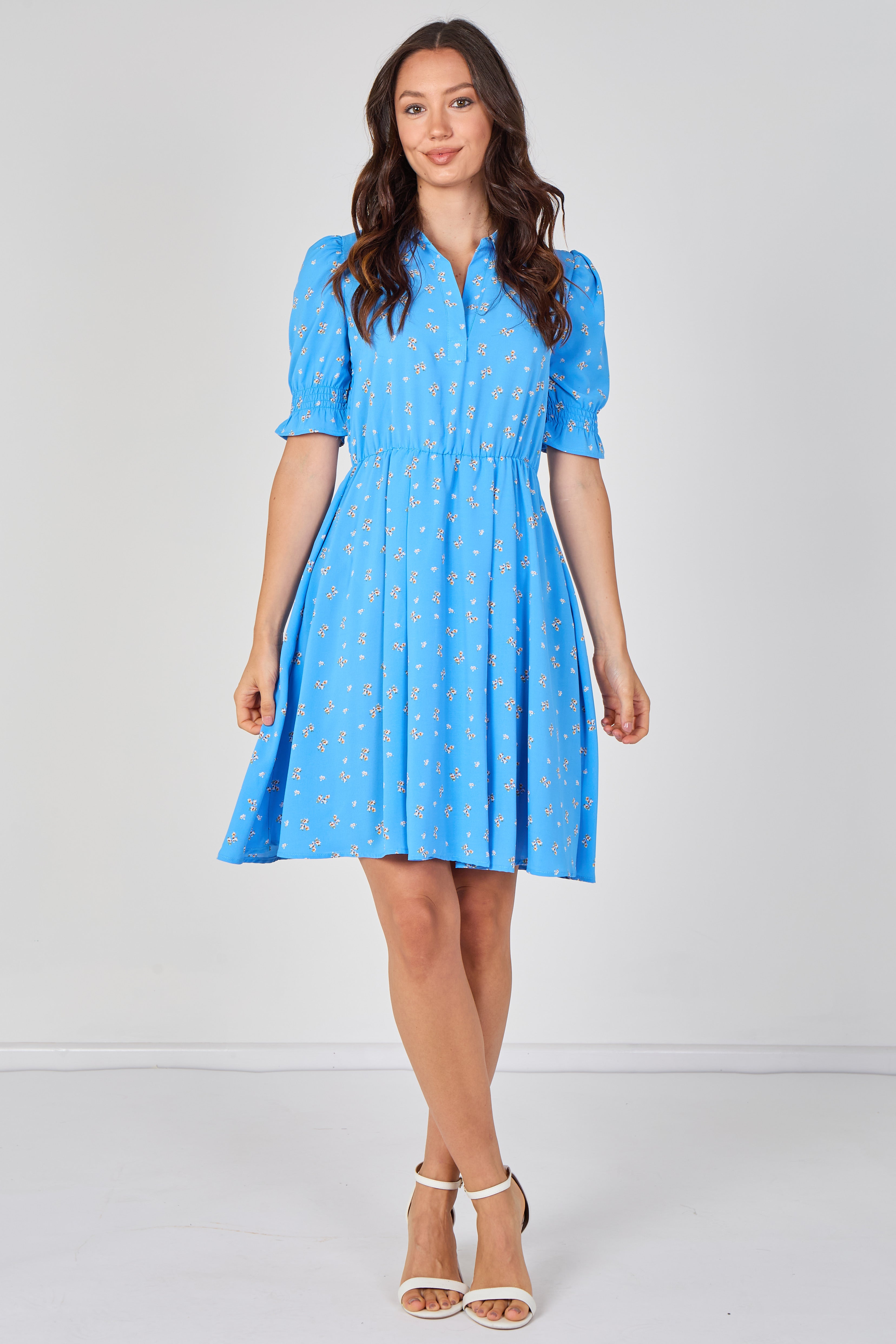 8Pcs Sky Blue Ditsy Floral Tea Dress