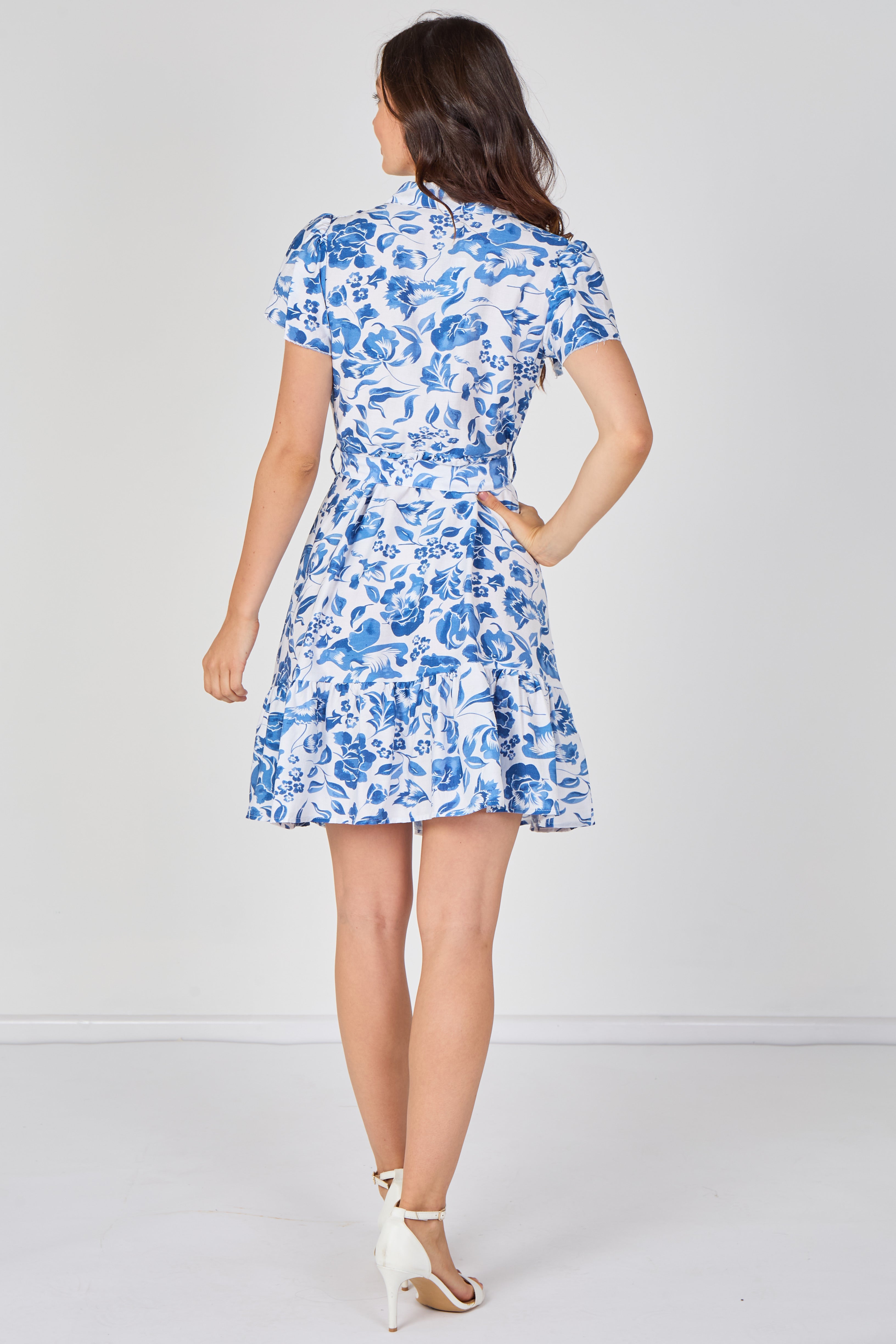 8Pcs White and Blue Floral Print Short Sleeve Shirt Dress