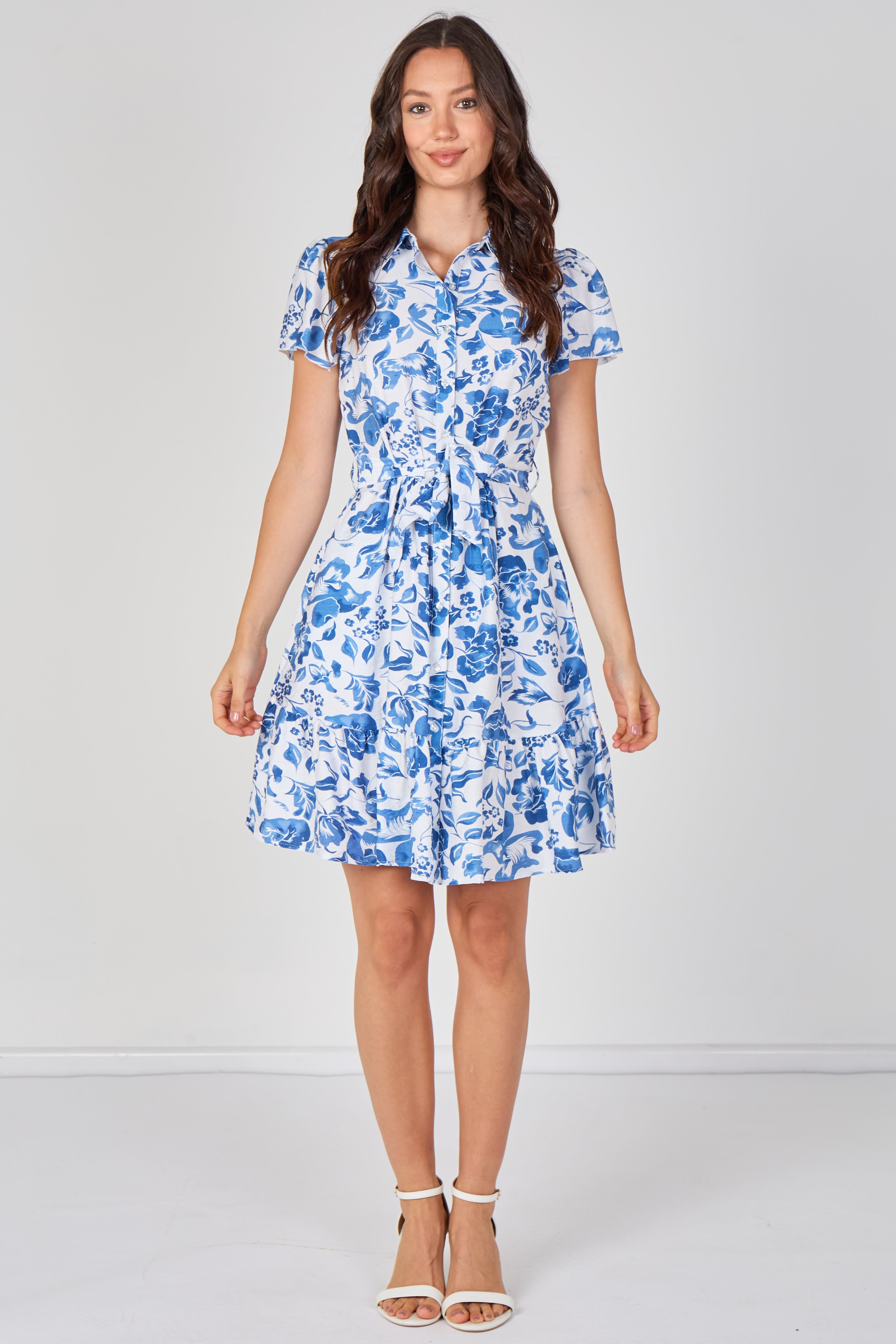 8Pcs White and Blue Floral Print Short Sleeve Shirt Dress