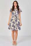 8Pcs Cream and Navy Floral Print Short Sleeve Shirt Dress
