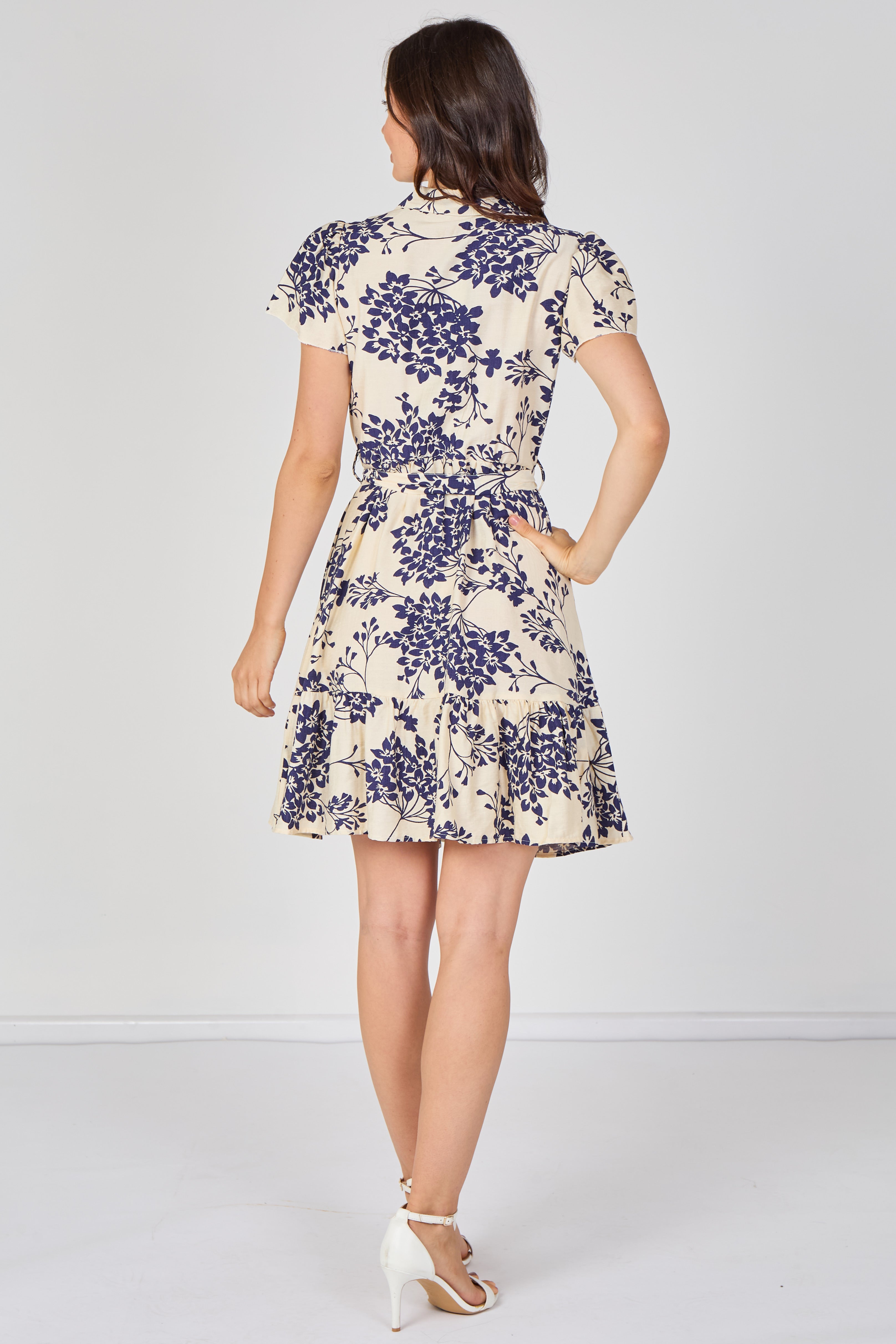 8Pcs Cream and Navy Floral Print Short Sleeve Shirt Dress
