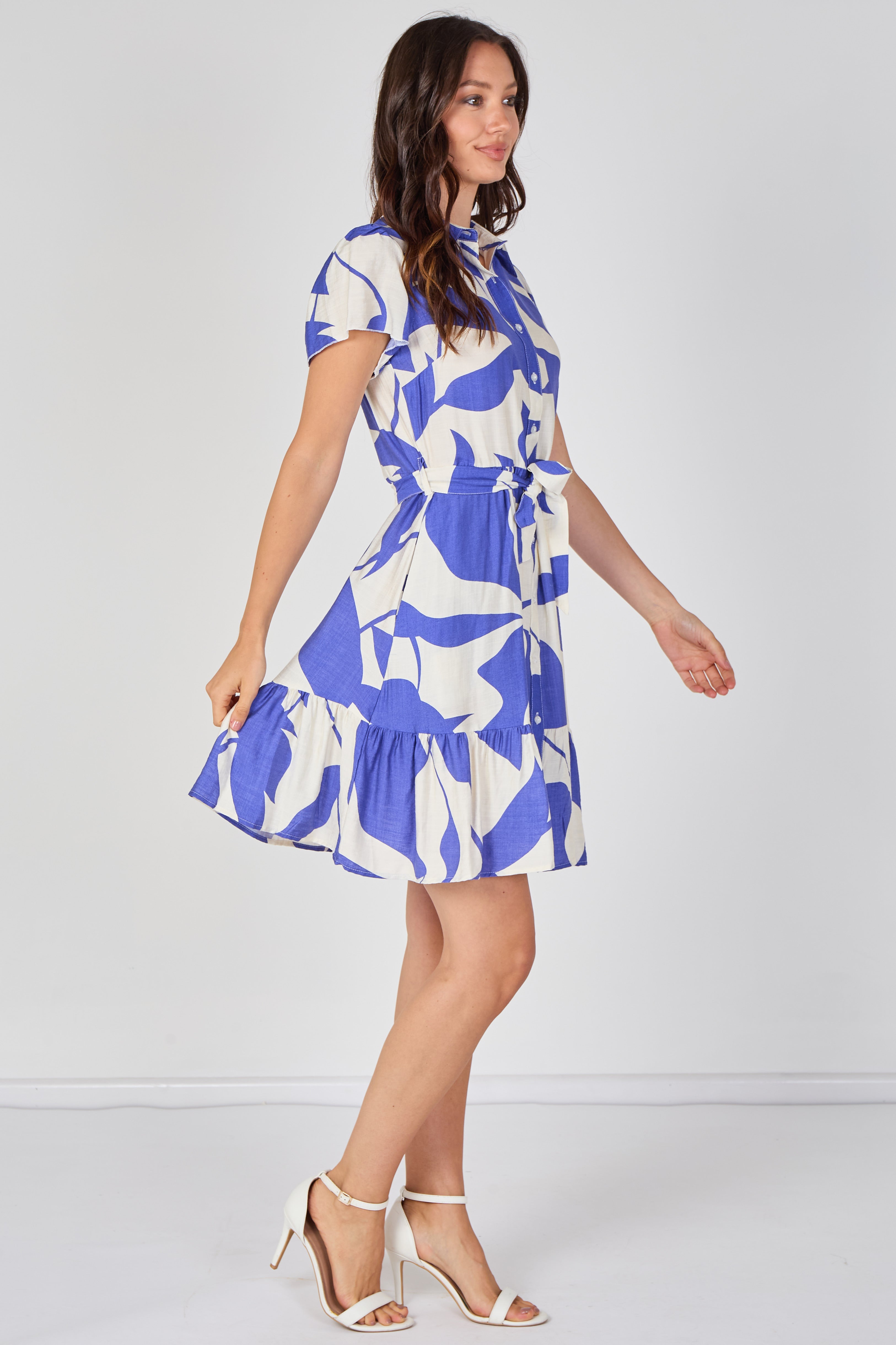 8Pcs Blue Abstract Print Short Sleeve Shirt Dress