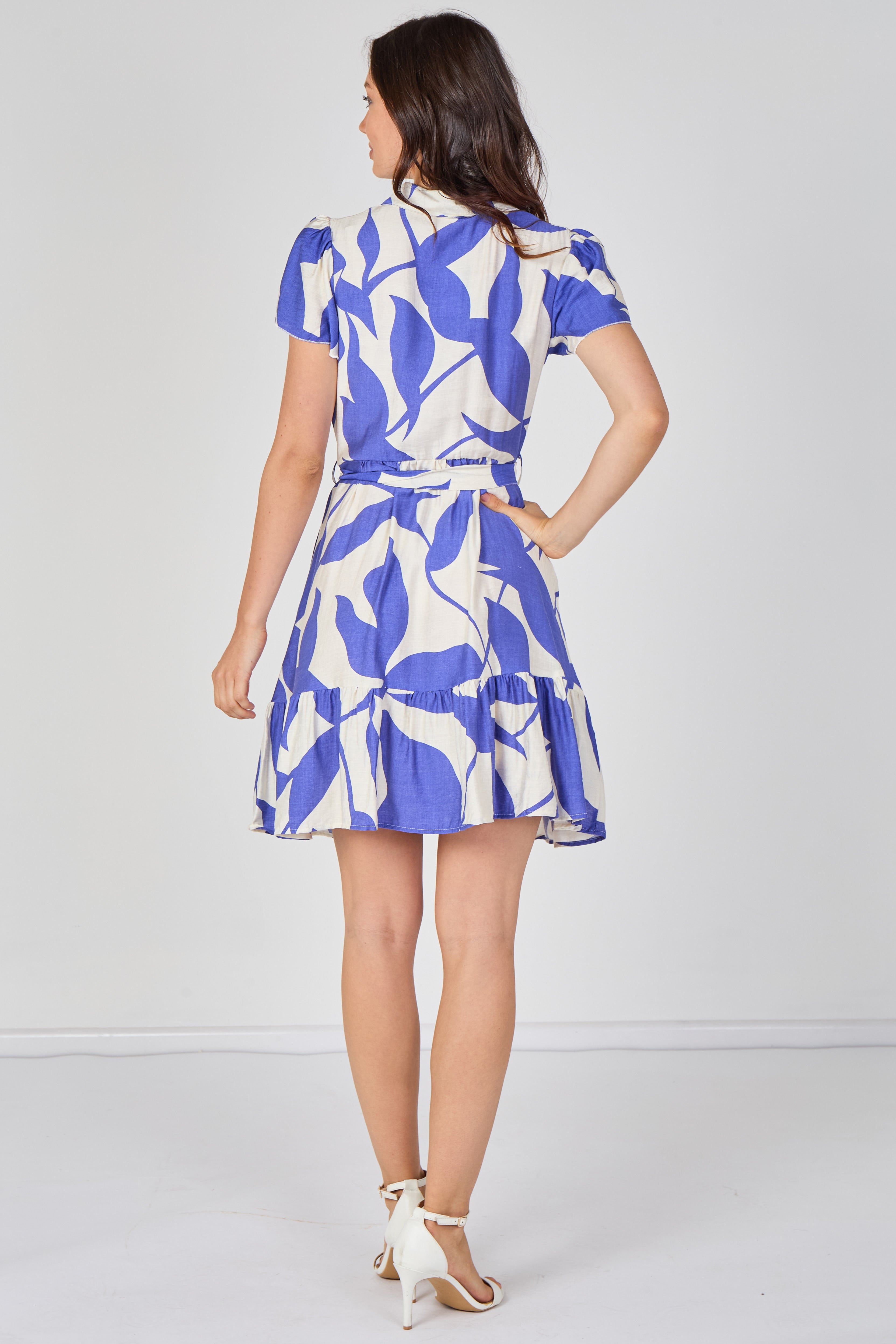 8Pcs Blue Abstract Print Short Sleeve Shirt Dress