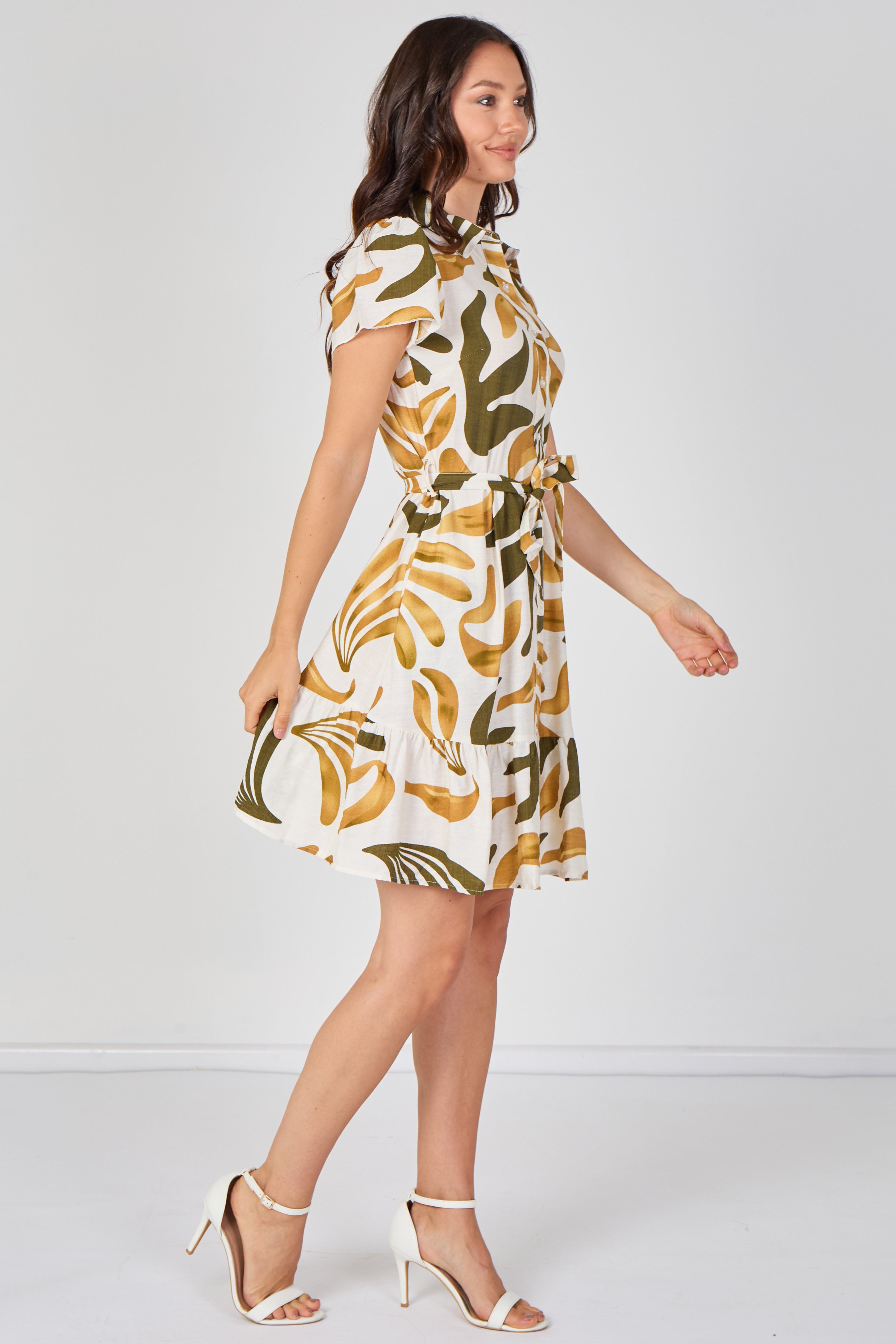 8Pcs Mustard and Olive Abstract Print Short Sleeve Shirt Dress
