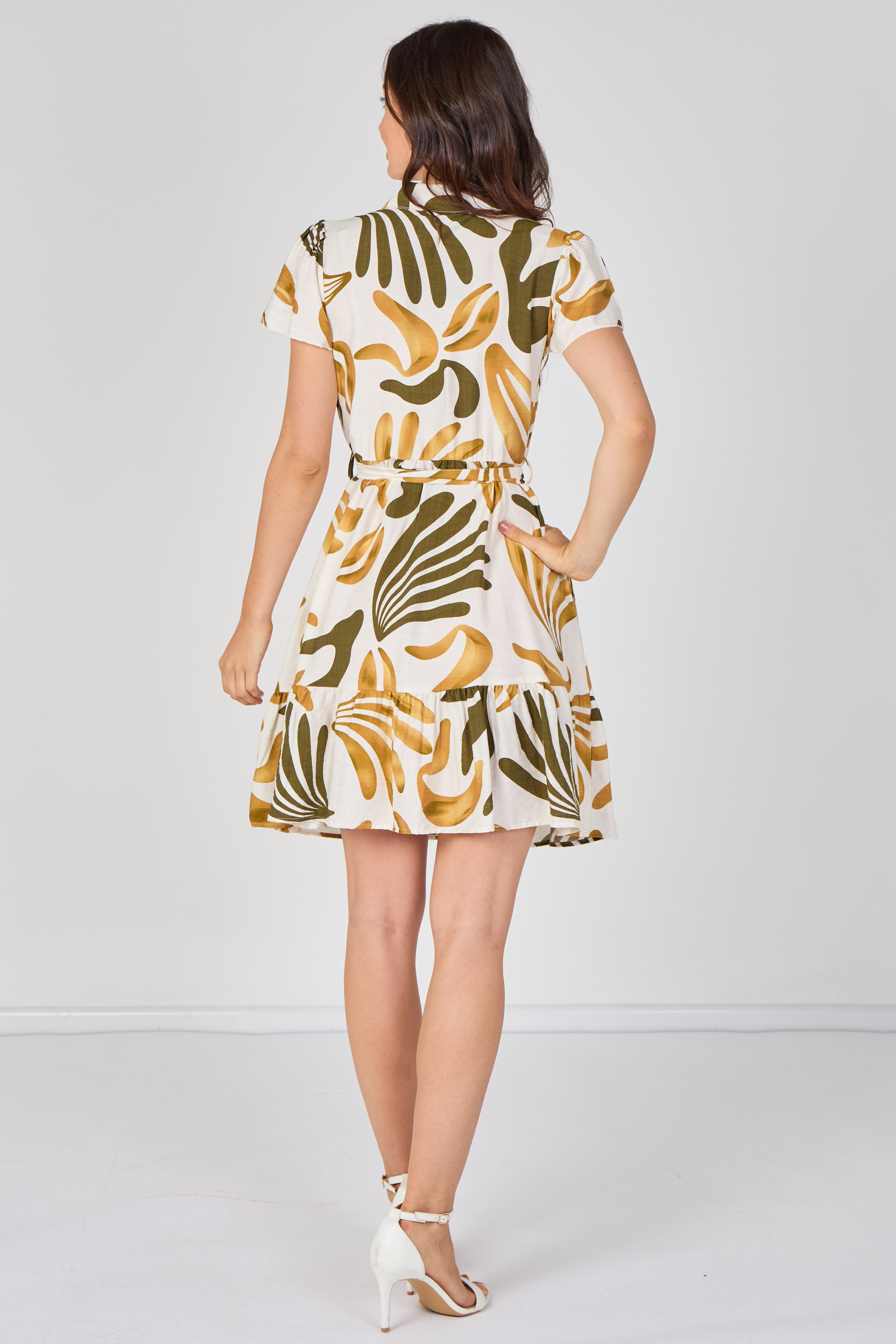 8Pcs Mustard and Olive Abstract Print Short Sleeve Shirt Dress