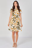 8Pcs Mustard and Olive Abstract Print Short Sleeve Shirt Dress