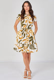 8Pcs Mustard and Olive Abstract Print Short Sleeve Shirt Dress