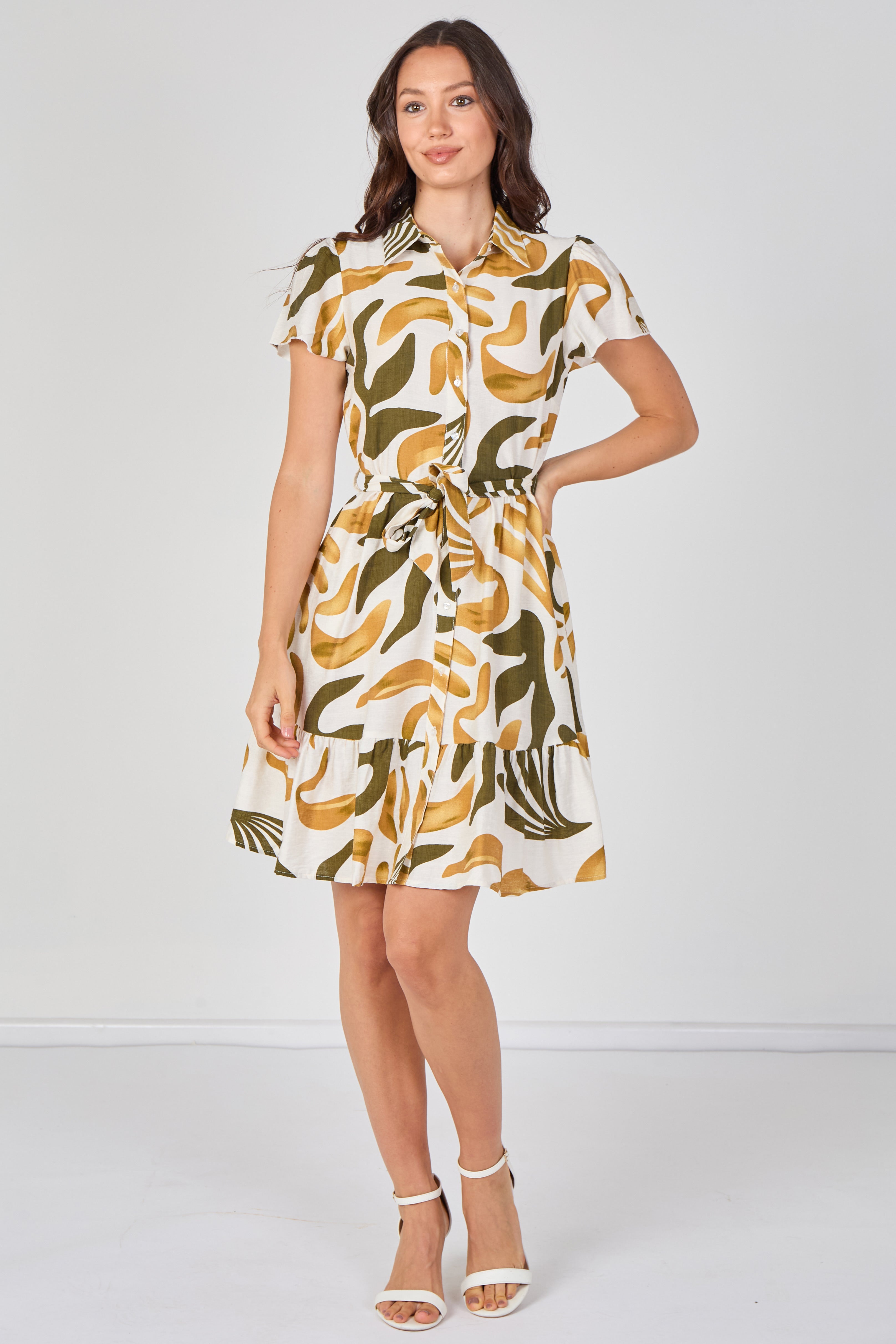 8Pcs Mustard and Olive Abstract Print Short Sleeve Shirt Dress