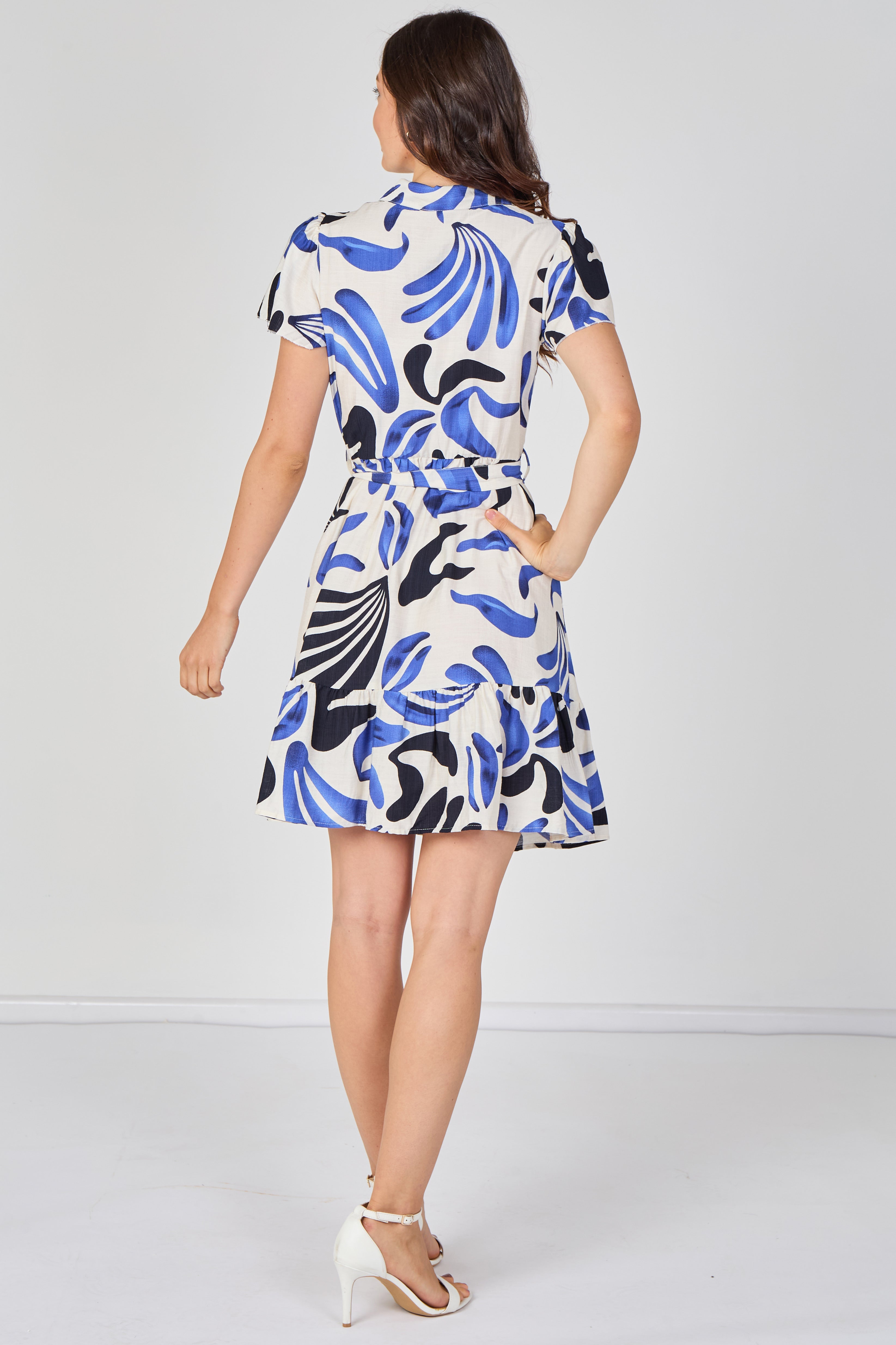 8Pcs Blue and Navy Abstract Print Short Sleeve Shirt Dress