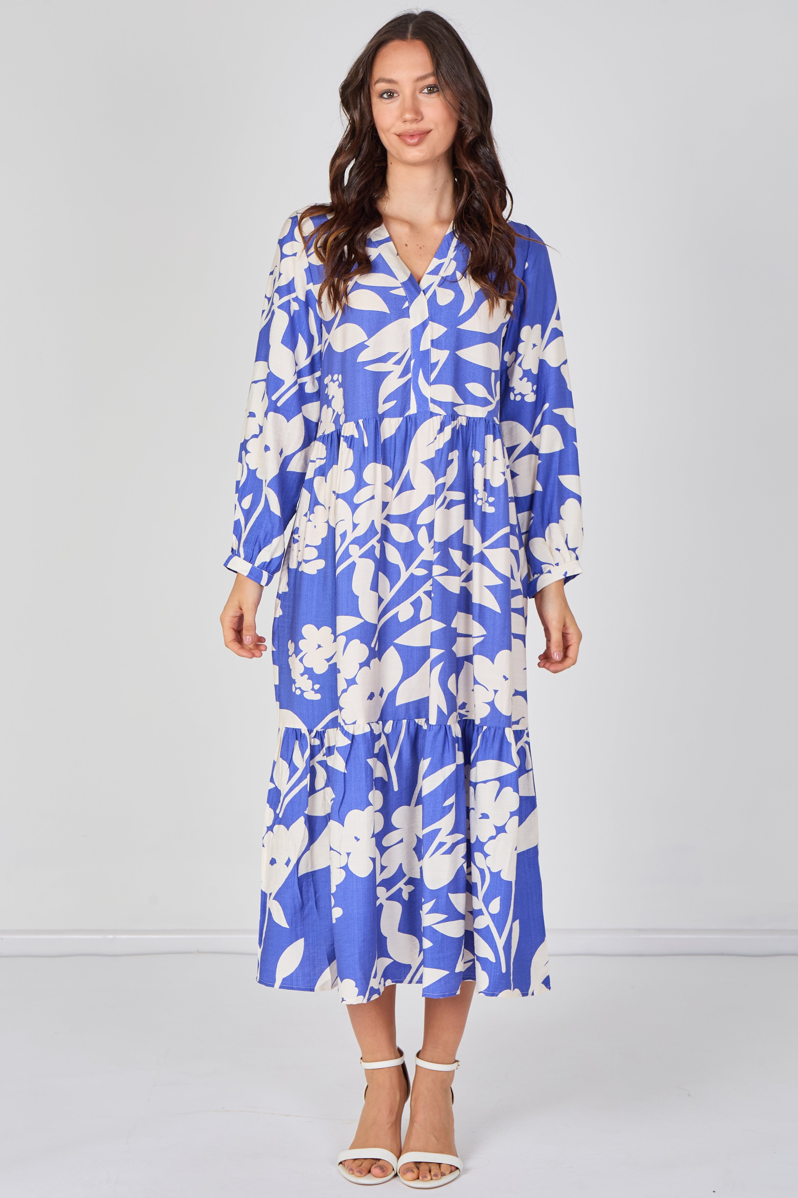 8Pcs Blue Blossom Tiered Smock Midaxi Dress