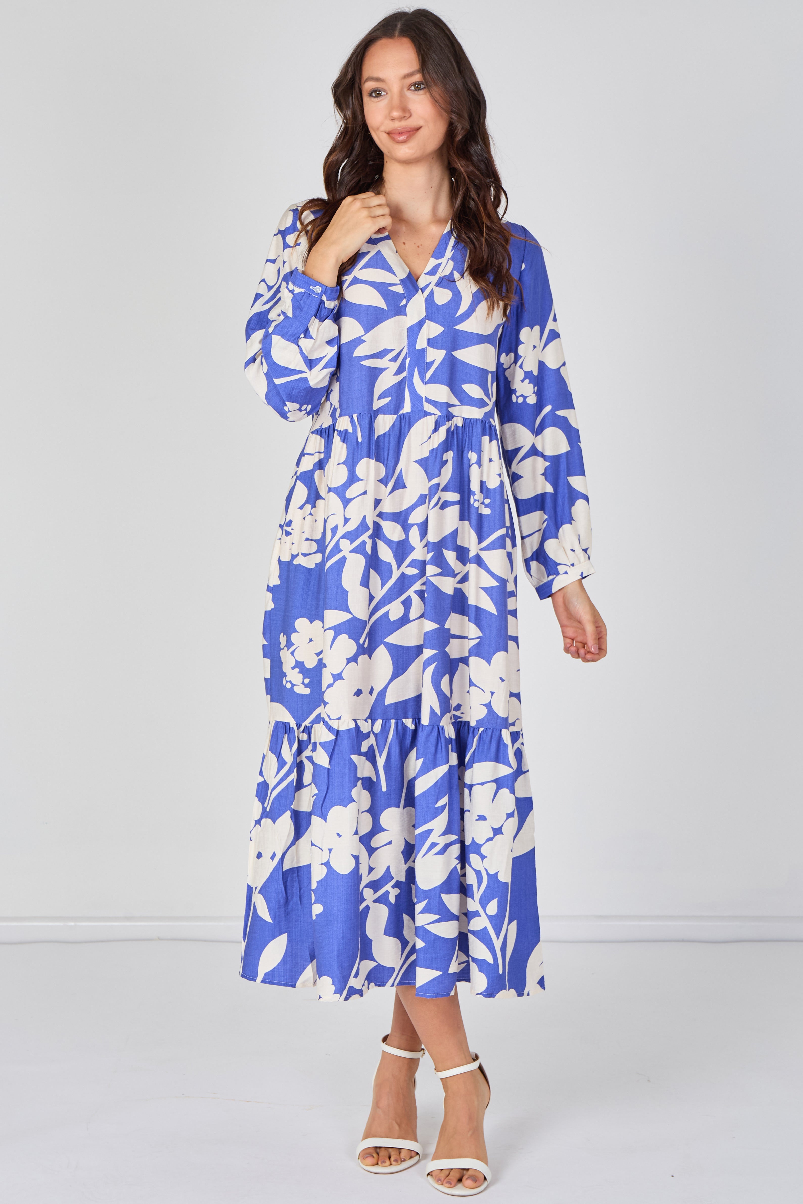 8Pcs Blue Blossom Tiered Smock Midaxi Dress