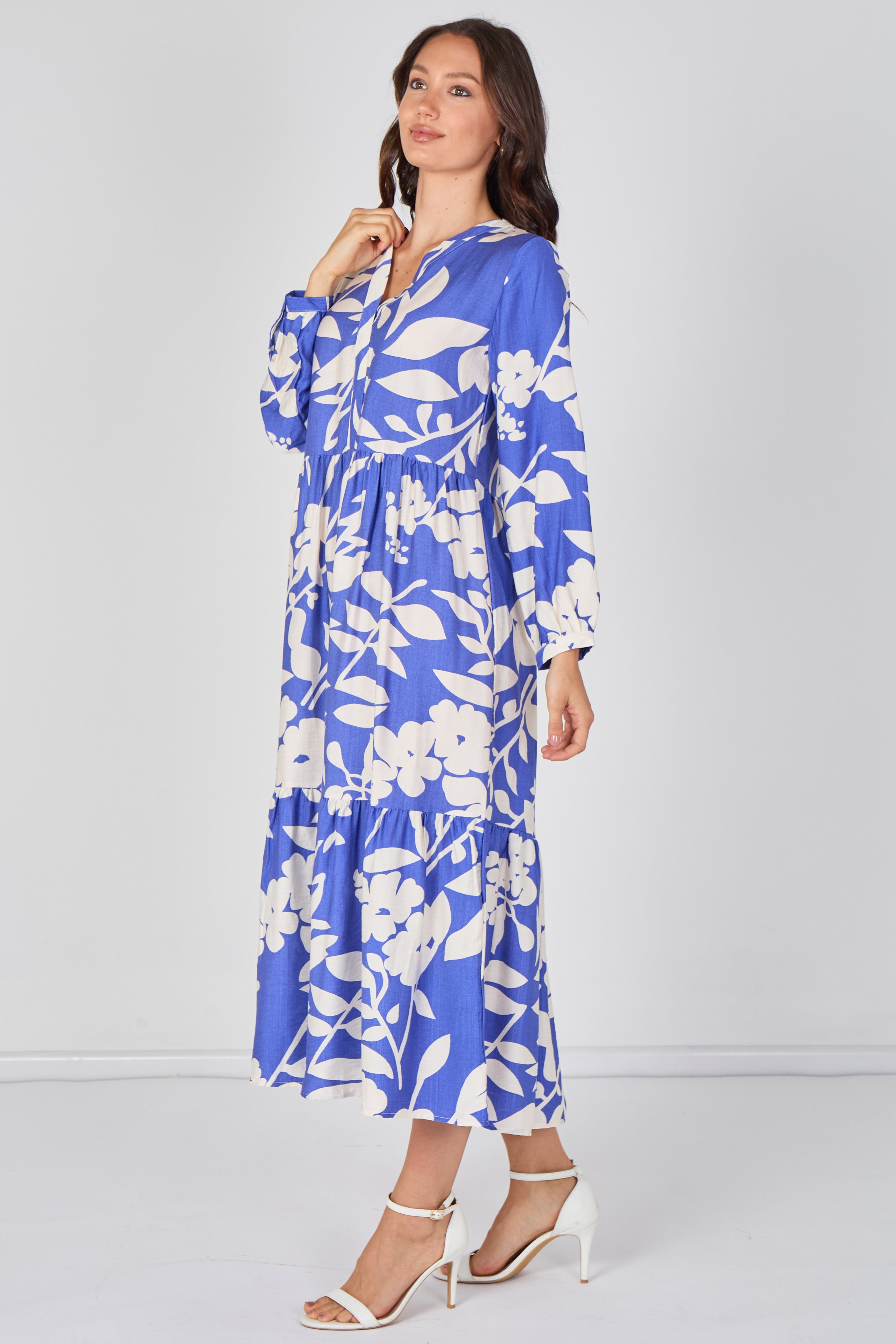 8Pcs Blue Blossom Tiered Smock Midaxi Dress