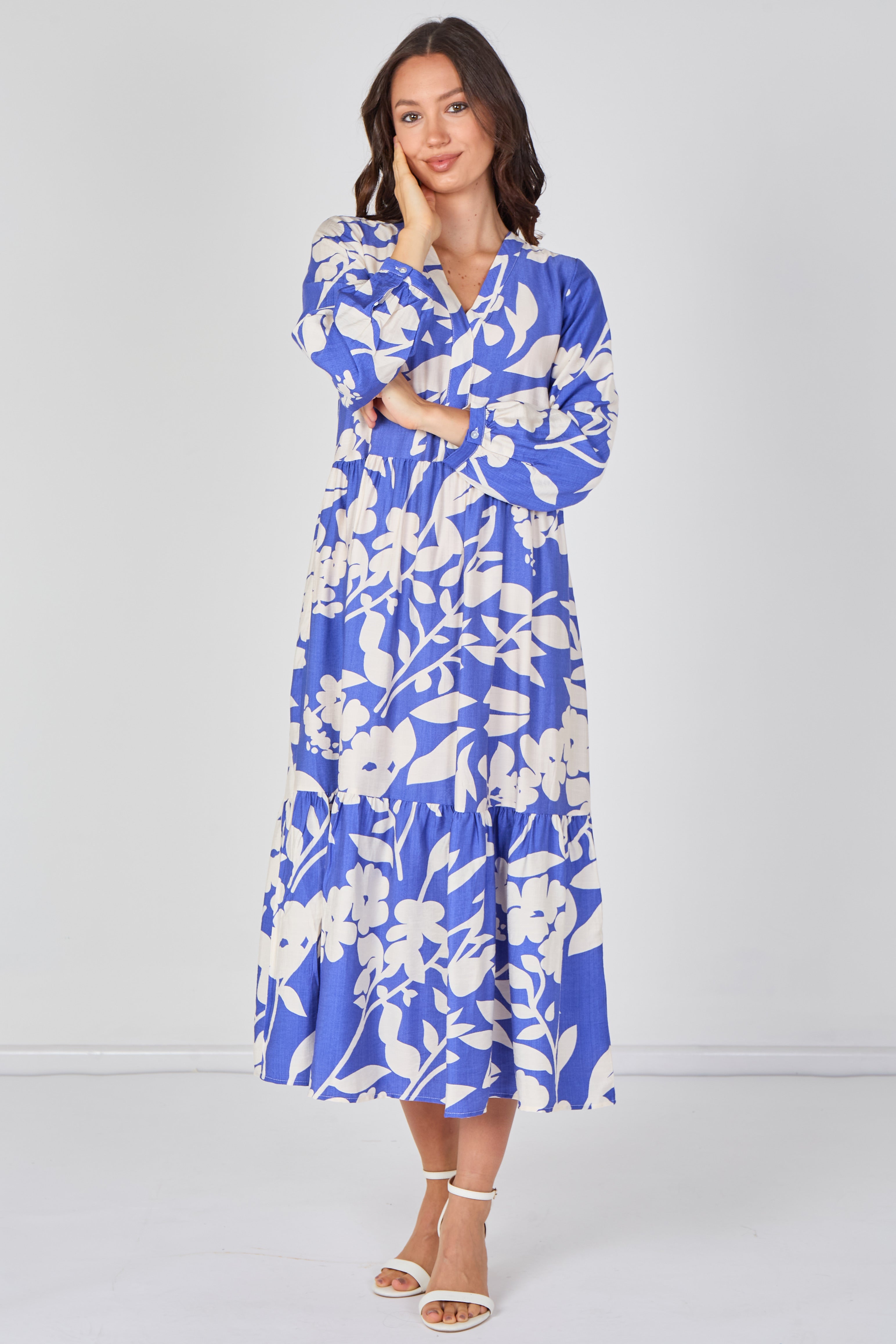 8Pcs Blue Blossom Tiered Smock Midaxi Dress