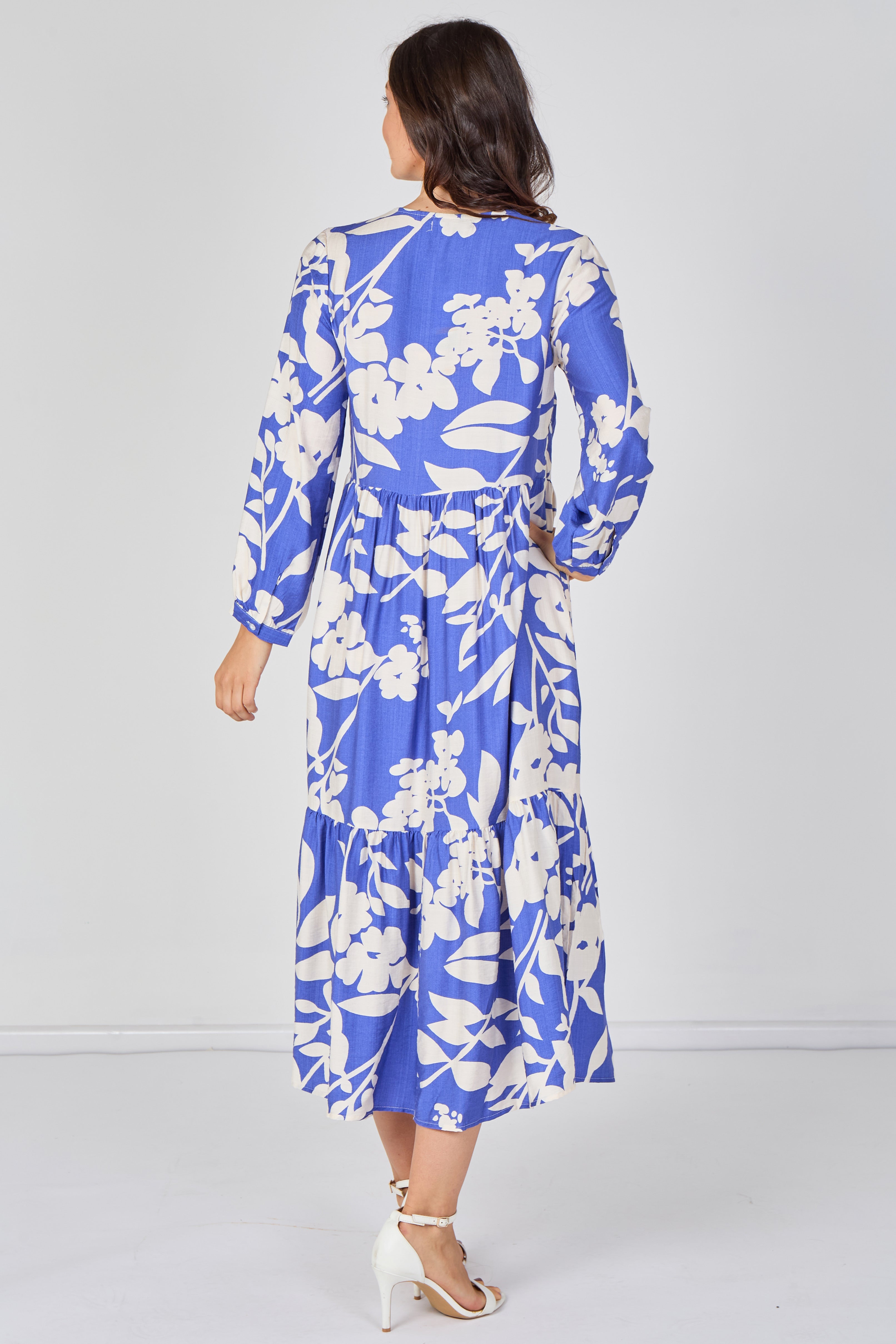 8Pcs Blue Blossom Tiered Smock Midaxi Dress
