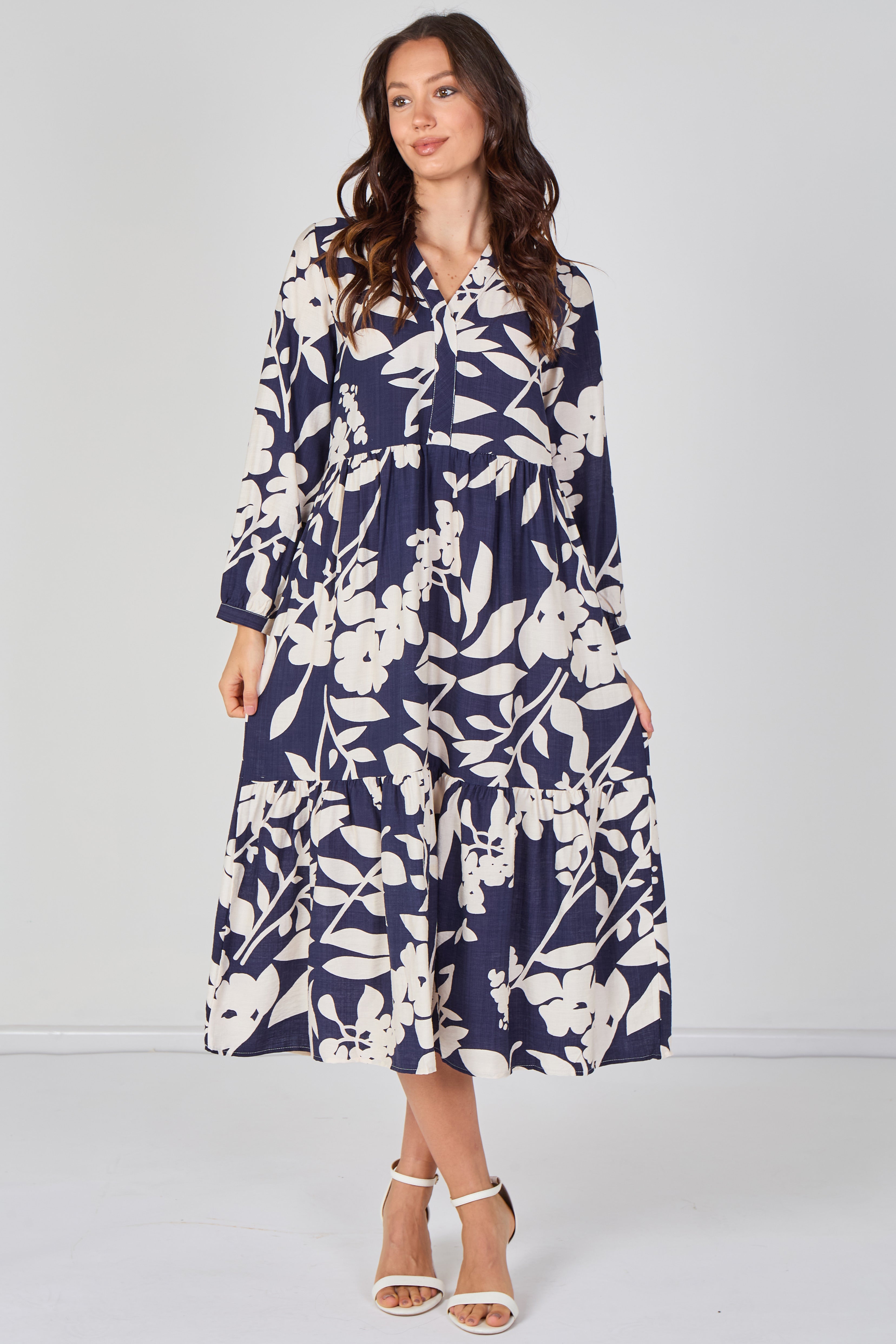 8Pcs Navy Blossom Tiered Smock Midaxi Dress