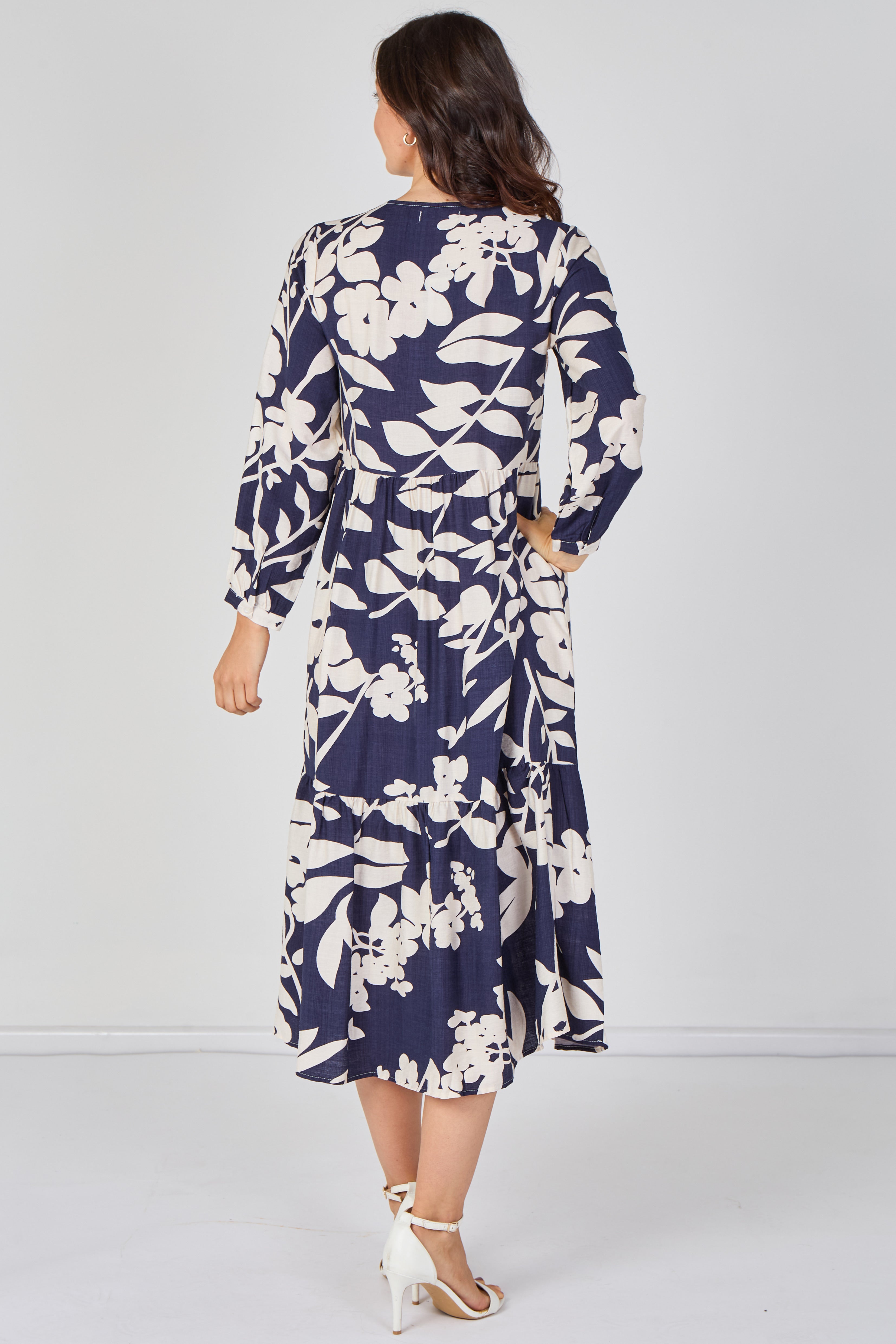 8Pcs Navy Blossom Tiered Smock Midaxi Dress
