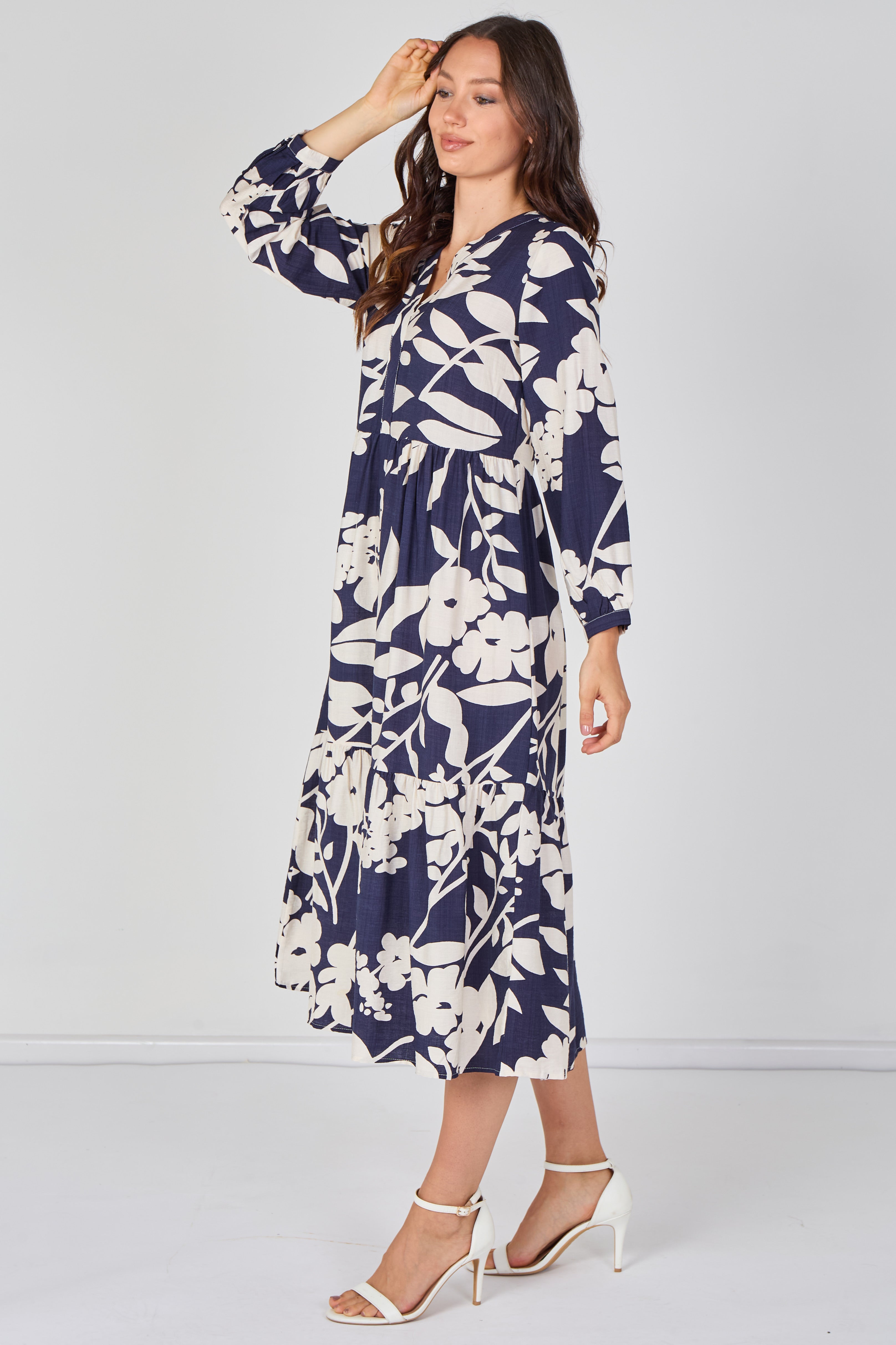 8Pcs Navy Blossom Tiered Smock Midaxi Dress
