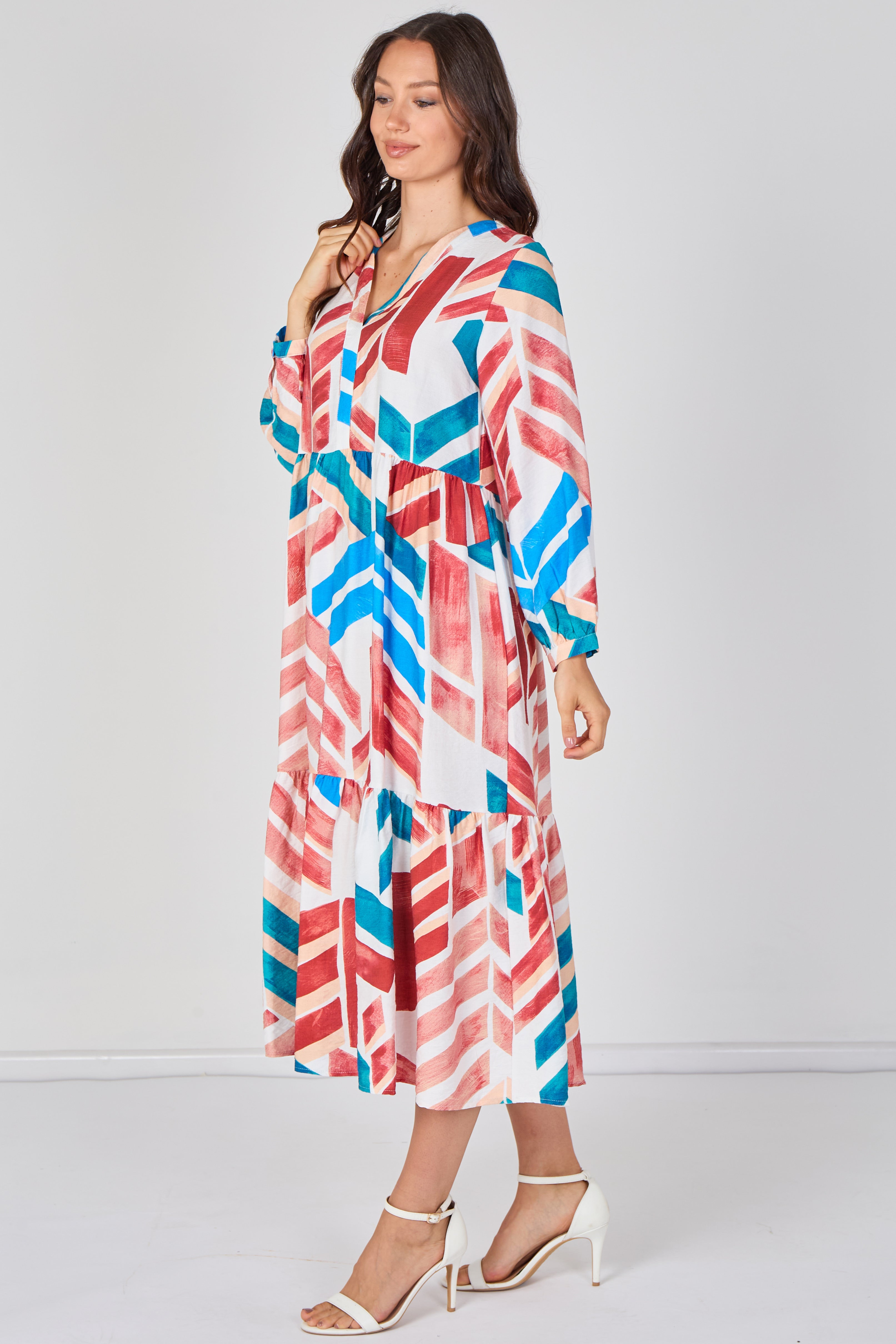 8Pcs Santorini Geo Print Smock Midaxi Dress