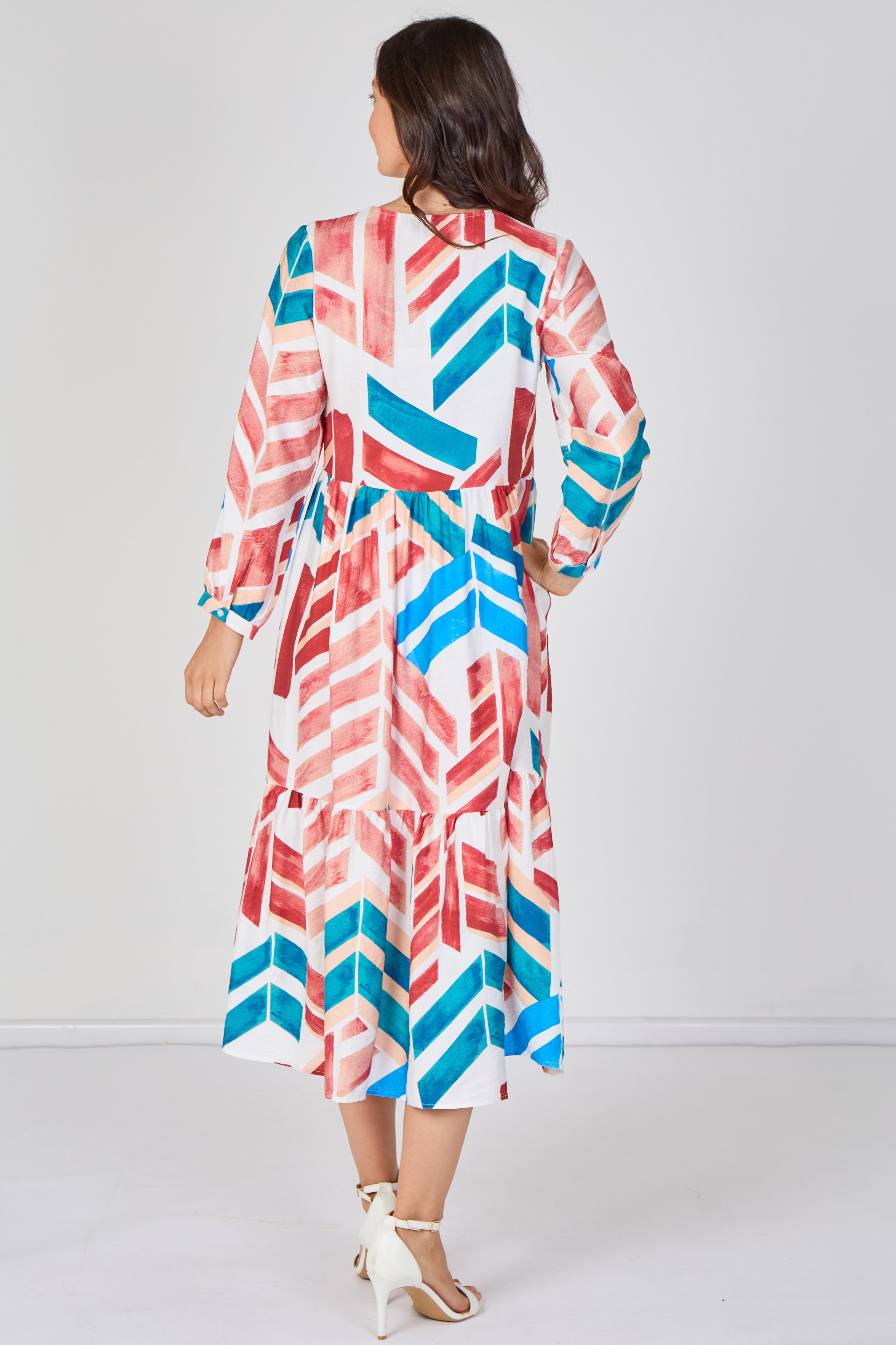 8Pcs Santorini Geo Print Smock Midaxi Dress