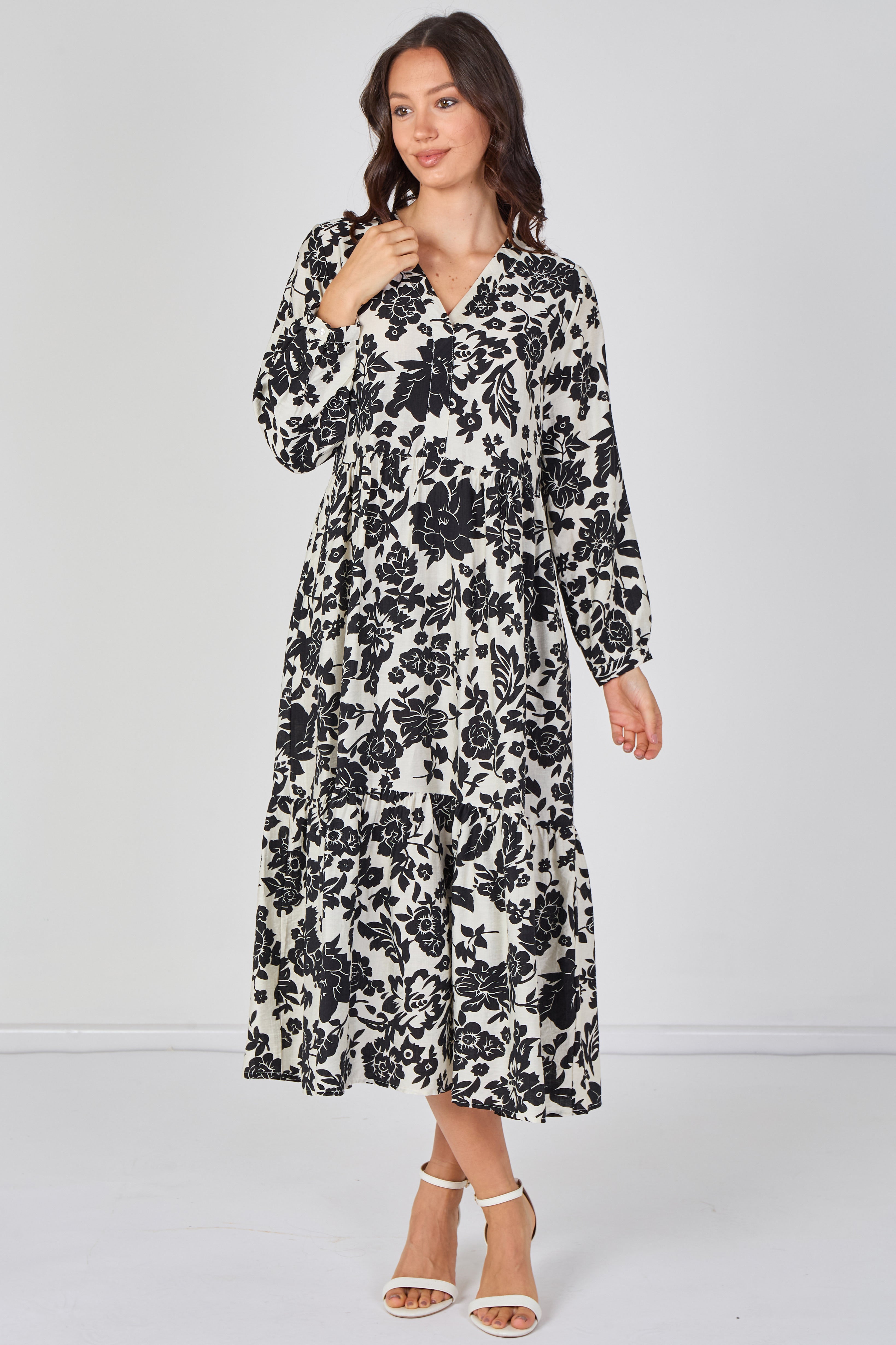 8Pcs Monochrome Bloom Smock Midaxi Dress