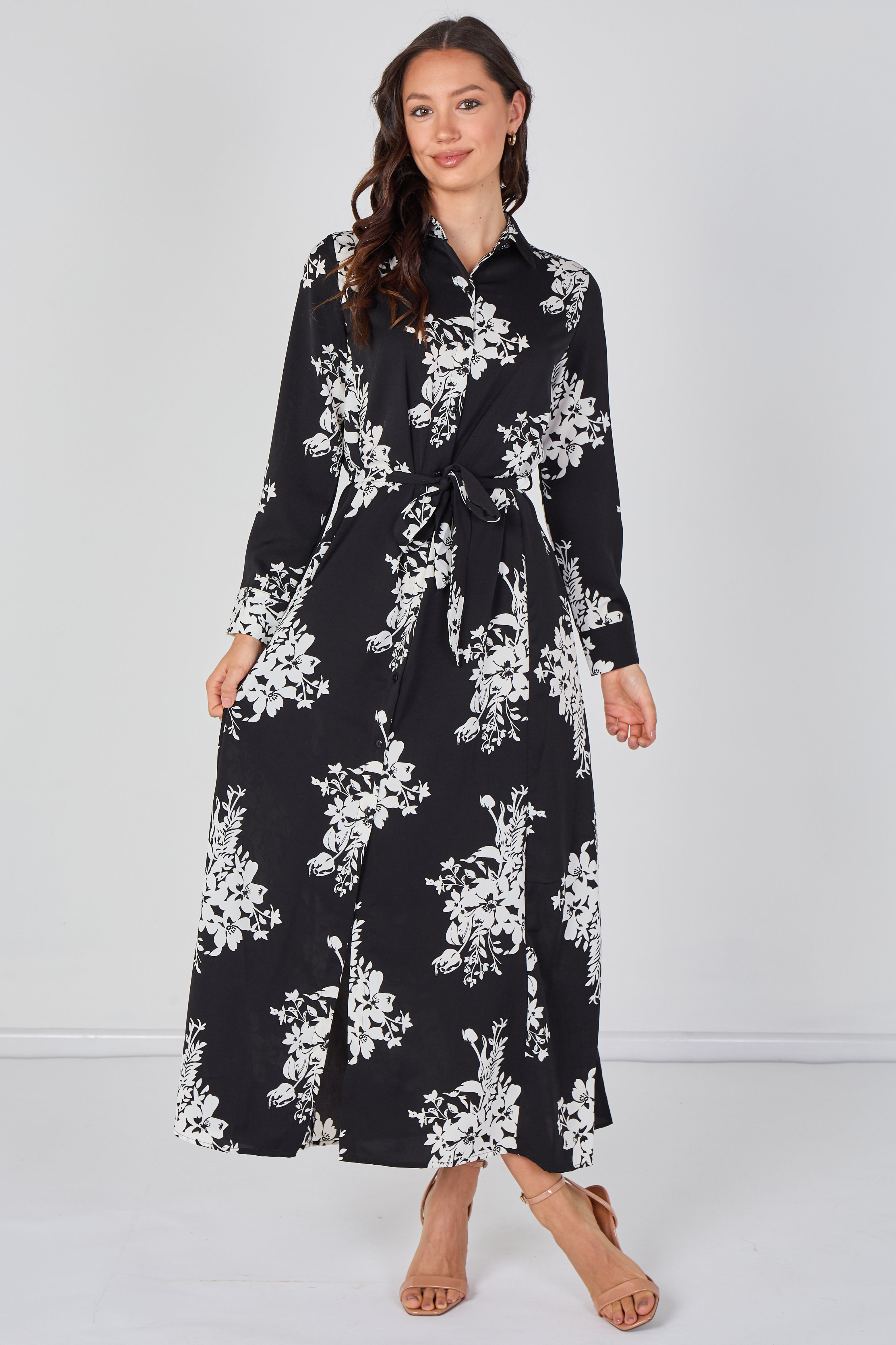 8Pcs Black and White Floral Belted Maxi Shirt Dress