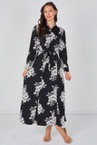 8Pcs Black and White Floral Belted Maxi Shirt Dress