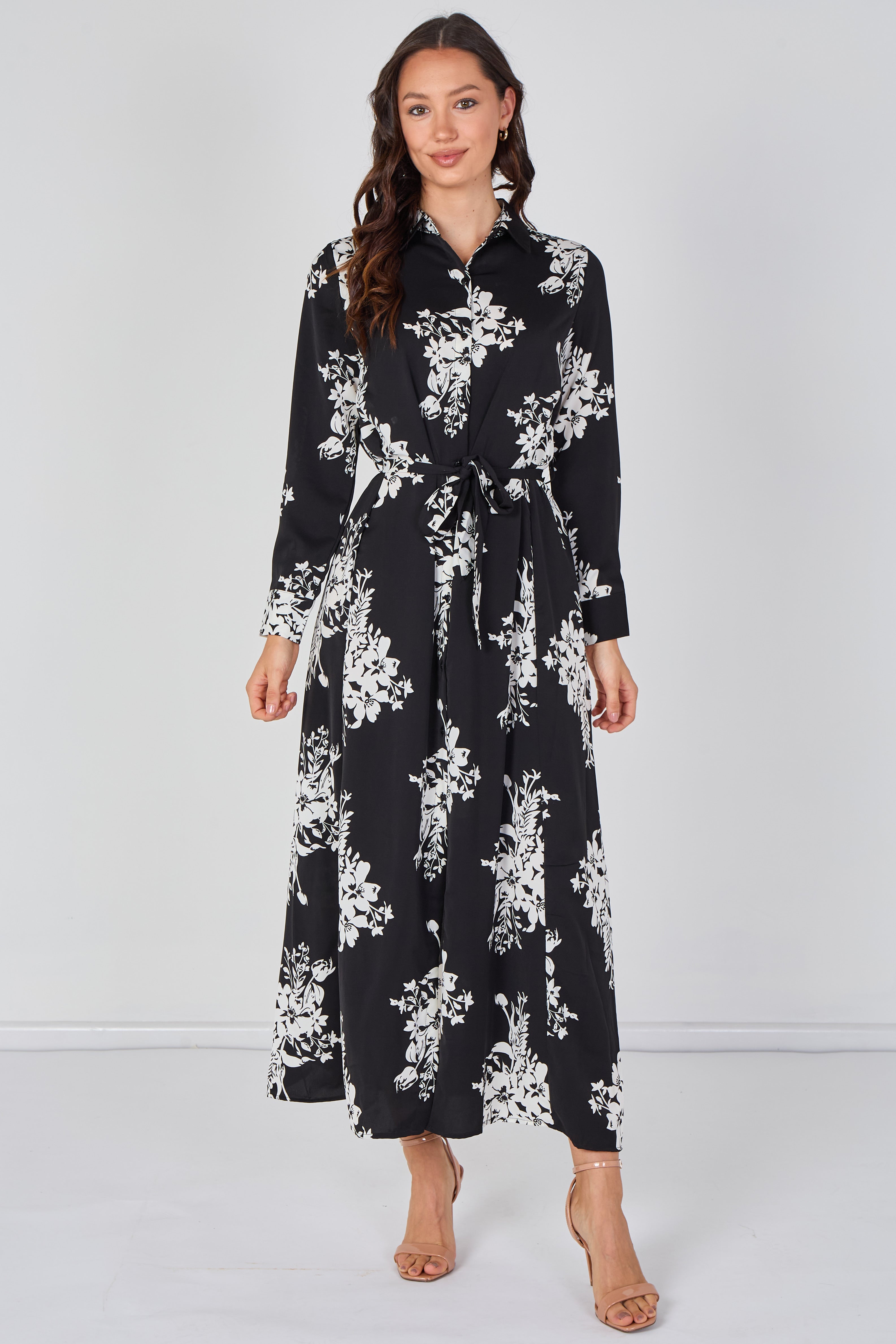 8Pcs Black and White Floral Belted Maxi Shirt Dress