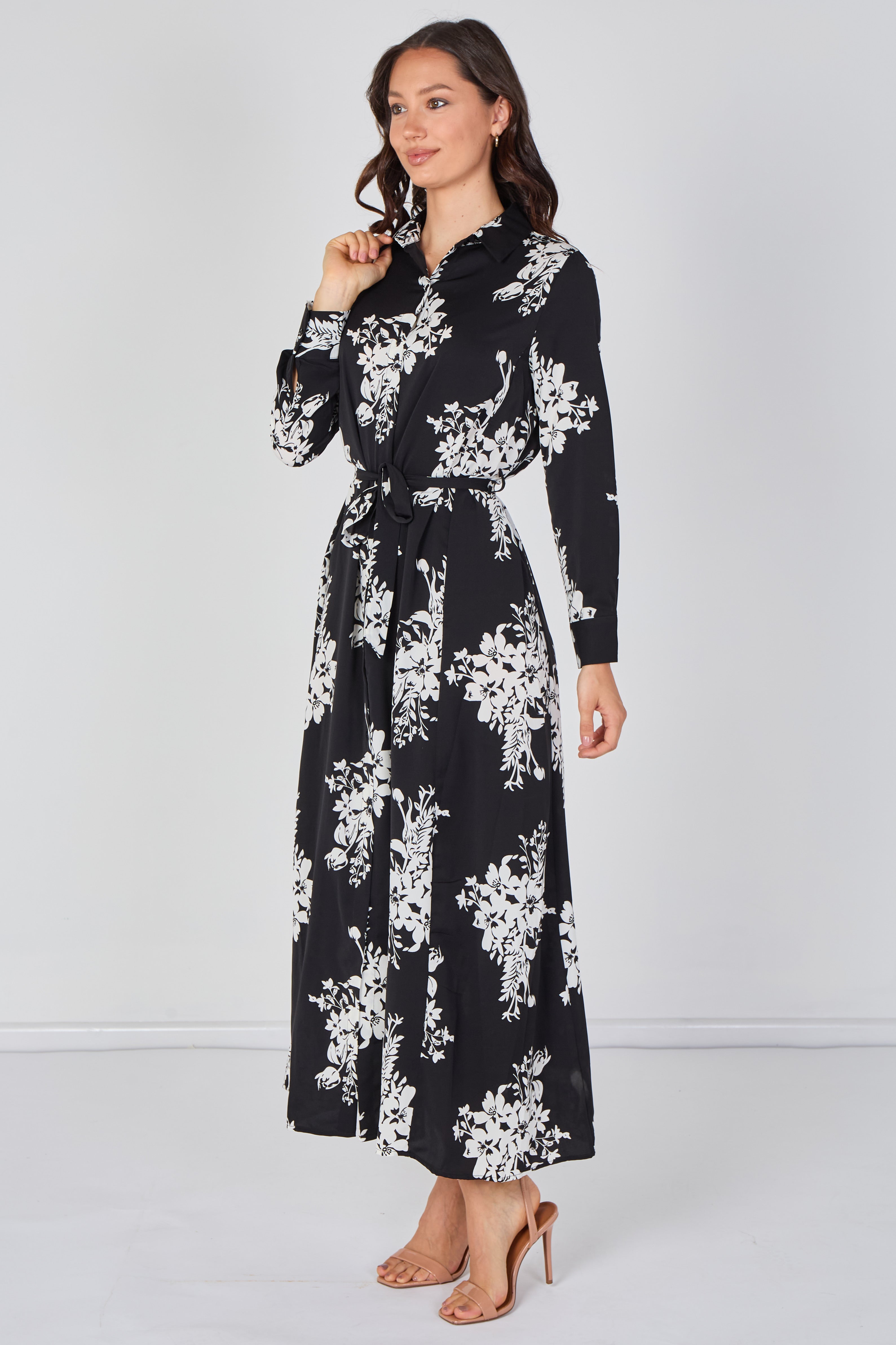 8Pcs Black and White Floral Belted Maxi Shirt Dress
