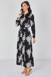 8Pcs Black and White Floral Belted Maxi Shirt Dress