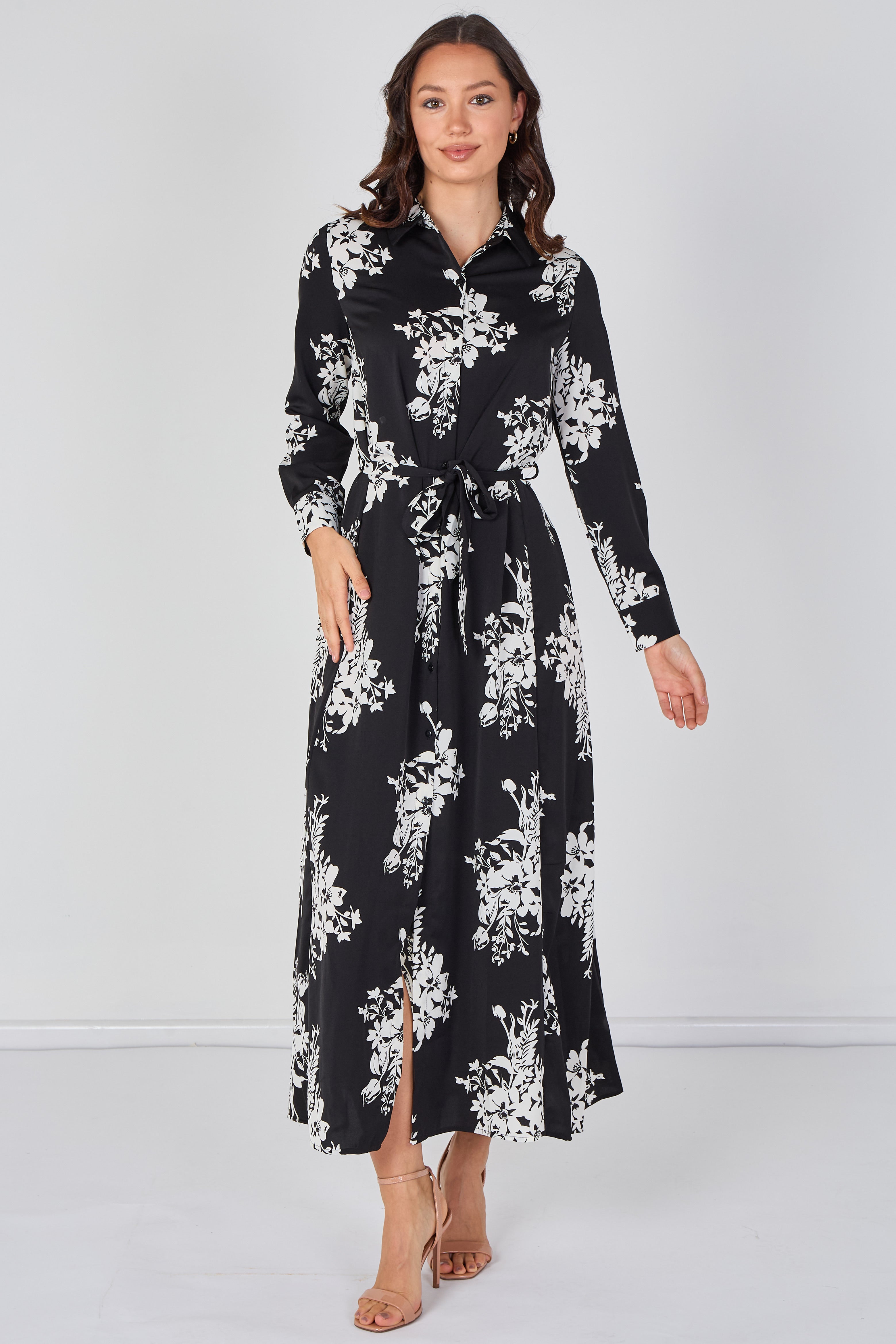 8Pcs Black and White Floral Belted Maxi Shirt Dress