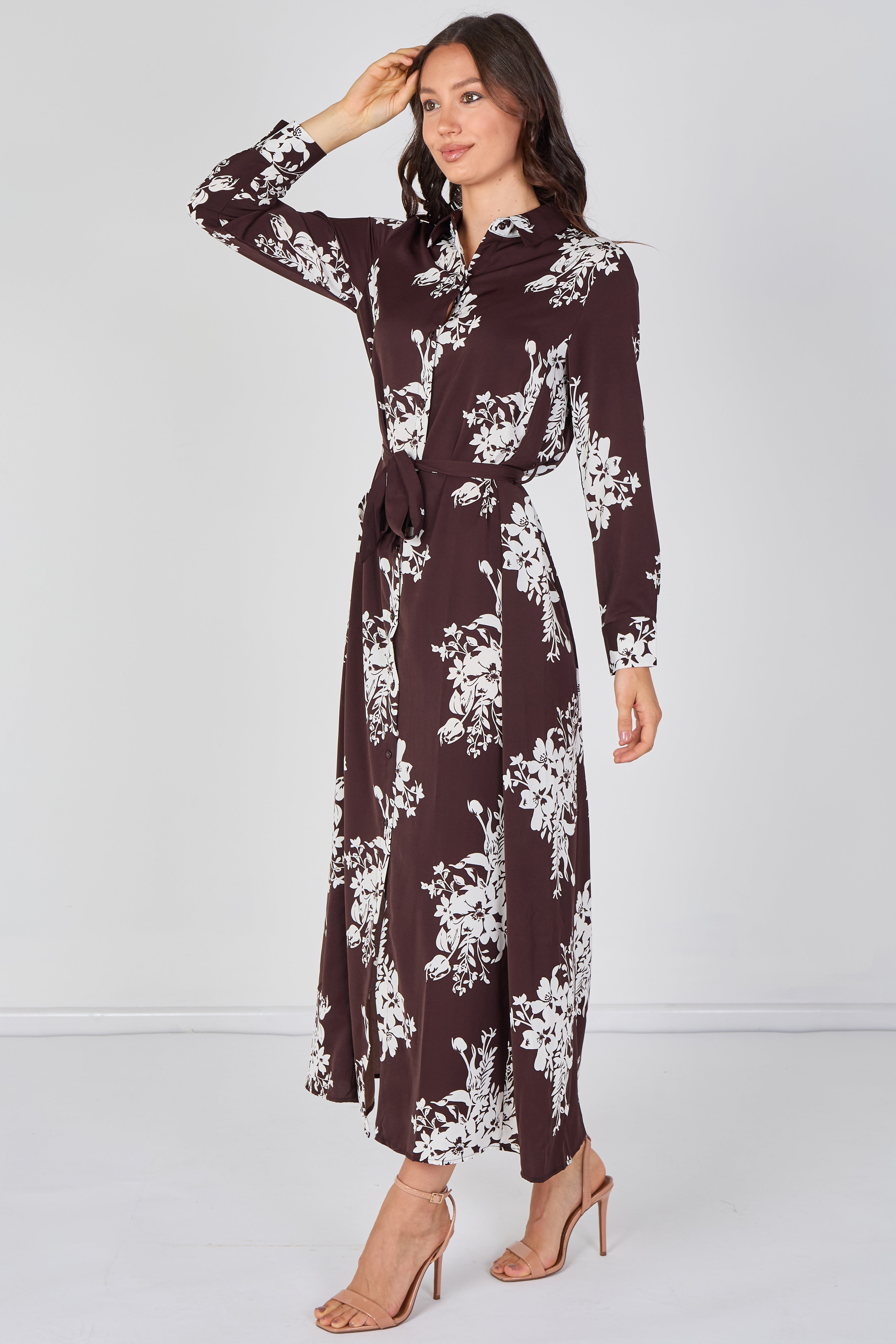 8Pcs Chocolate and White Floral Belted Maxi Shirt Dress