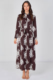 8Pcs Chocolate and White Floral Belted Maxi Shirt Dress
