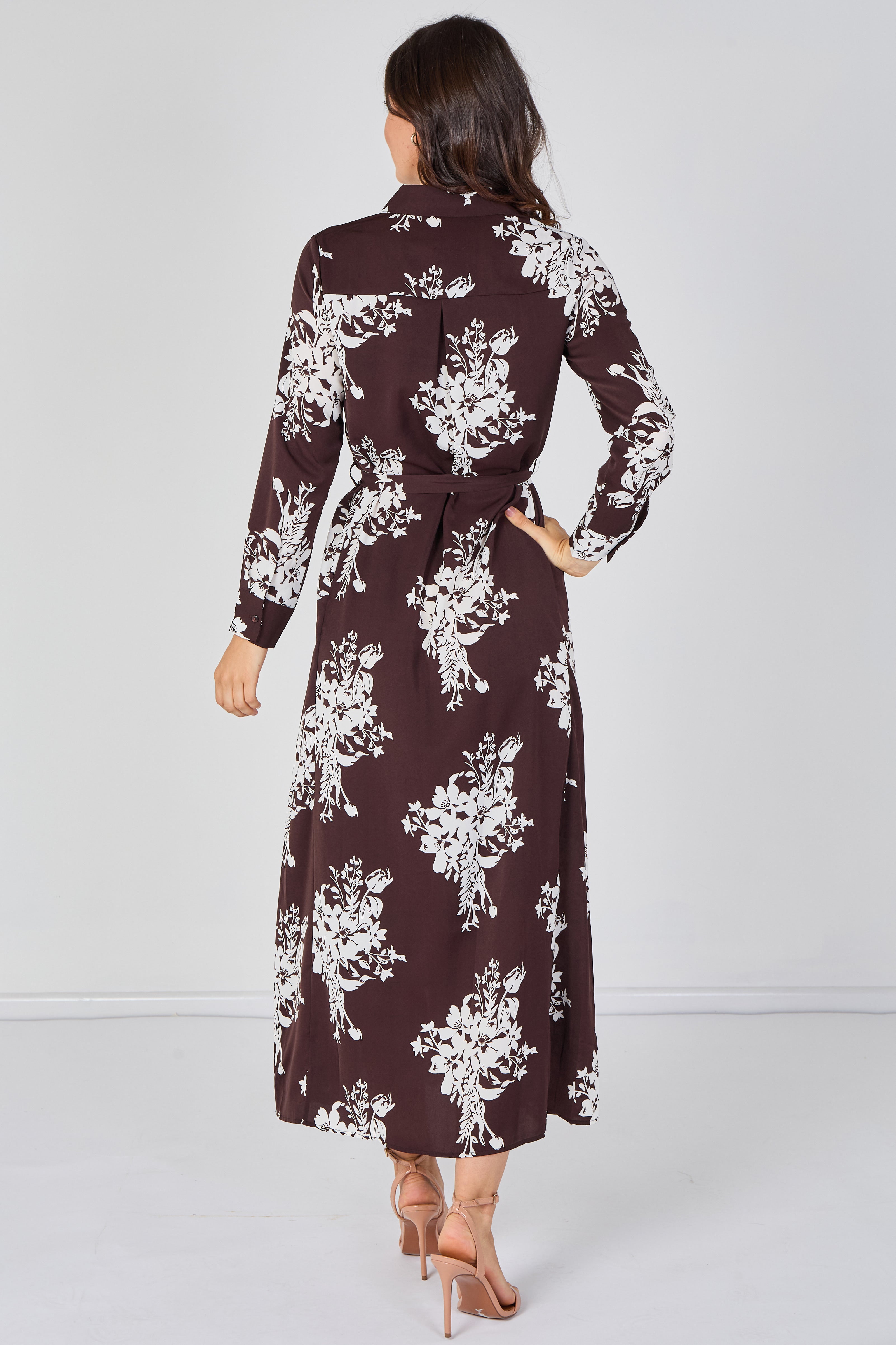 8Pcs Chocolate and White Floral Belted Maxi Shirt Dress