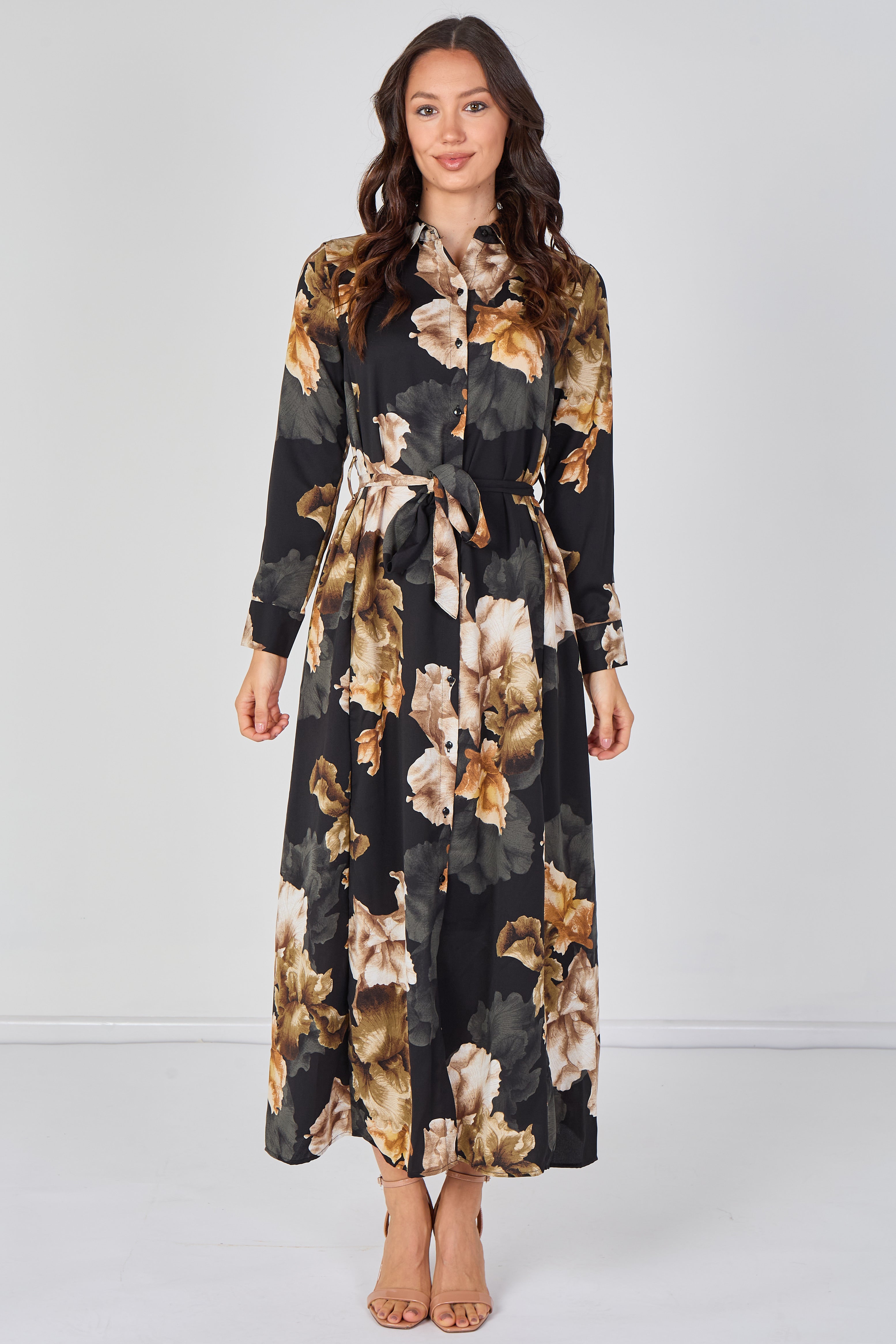 8Pcs Black Iris Floral Belted Maxi Shirt Dress