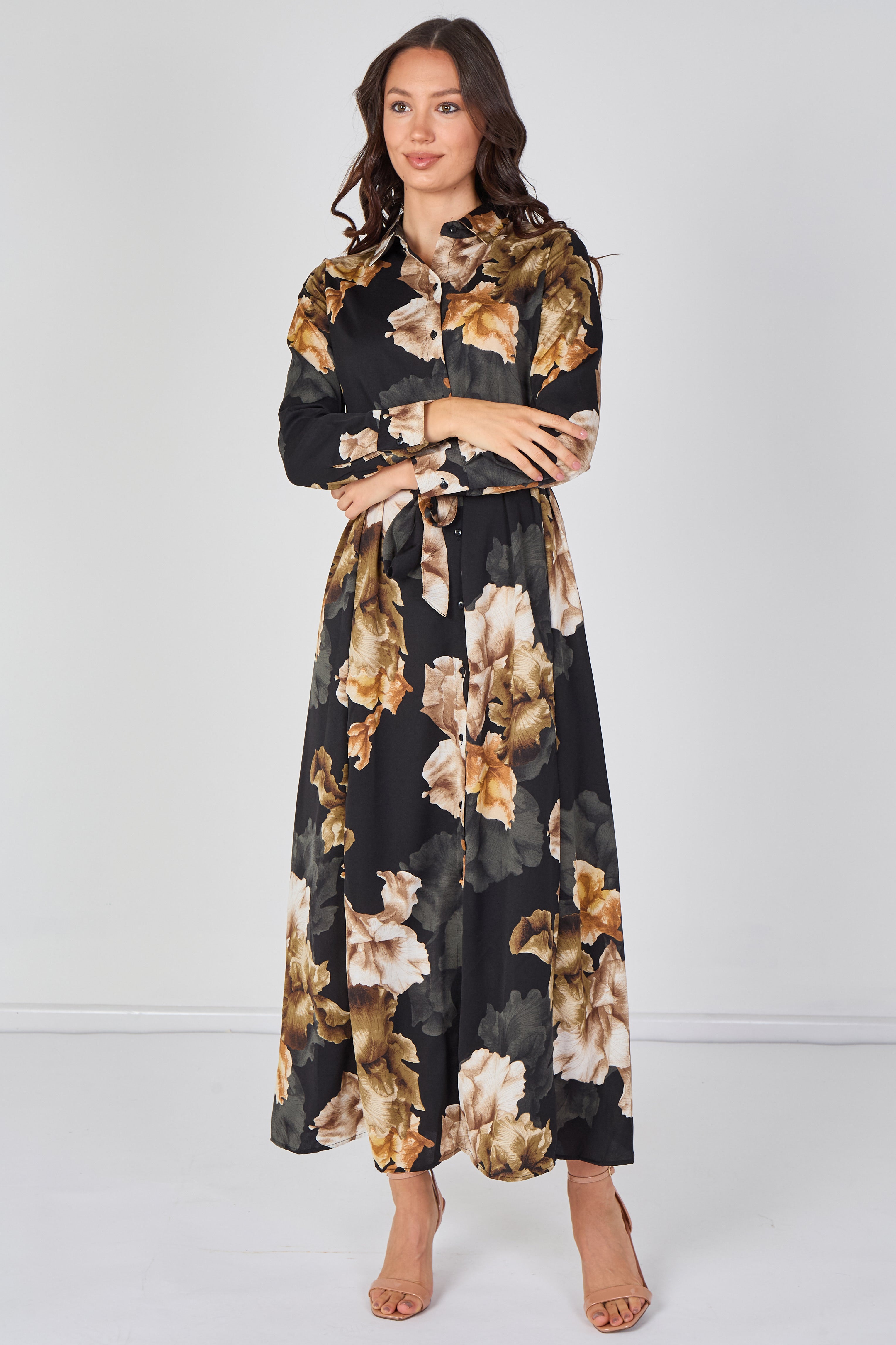 8Pcs Black Iris Floral Belted Maxi Shirt Dress