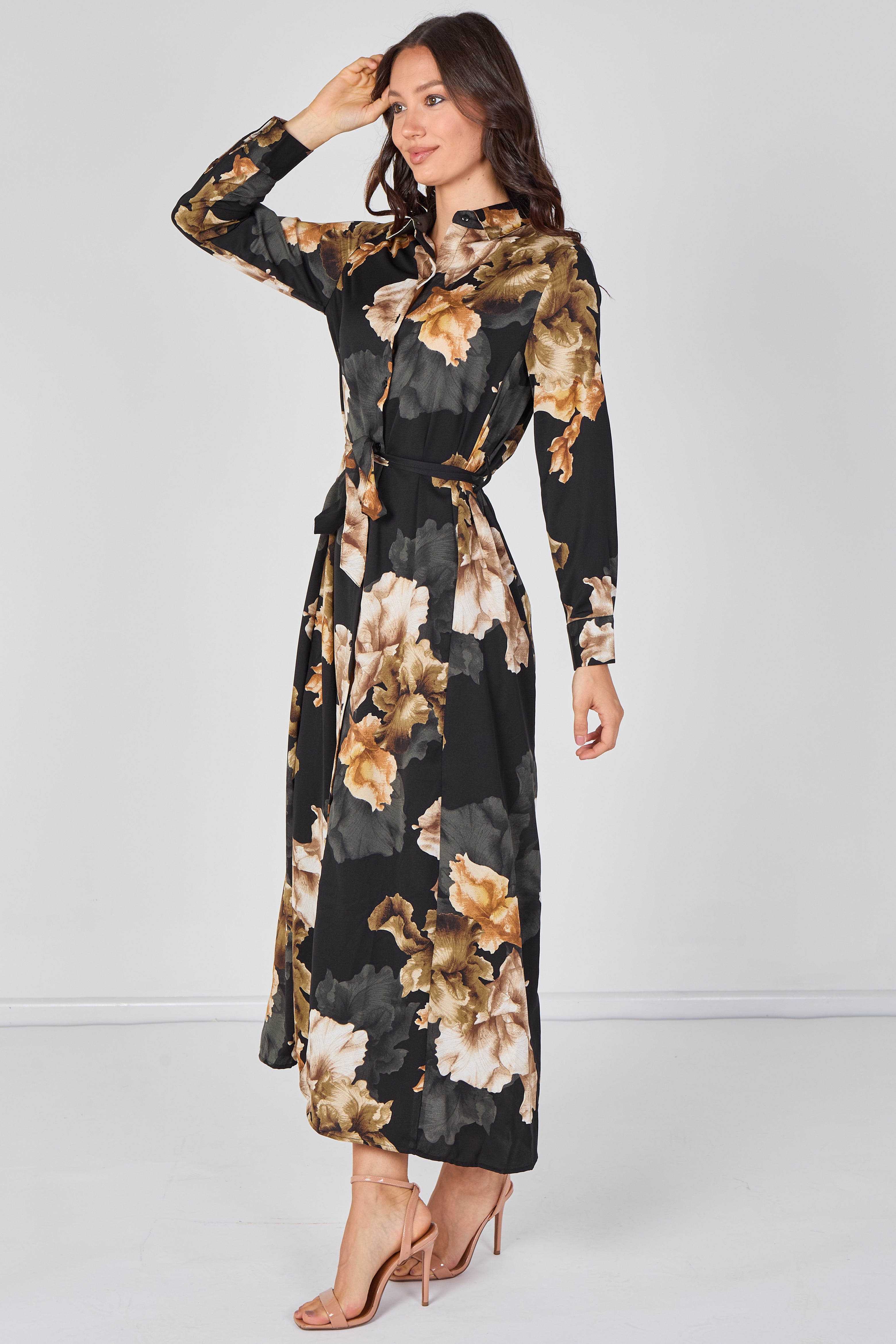 8Pcs Black Iris Floral Belted Maxi Shirt Dress