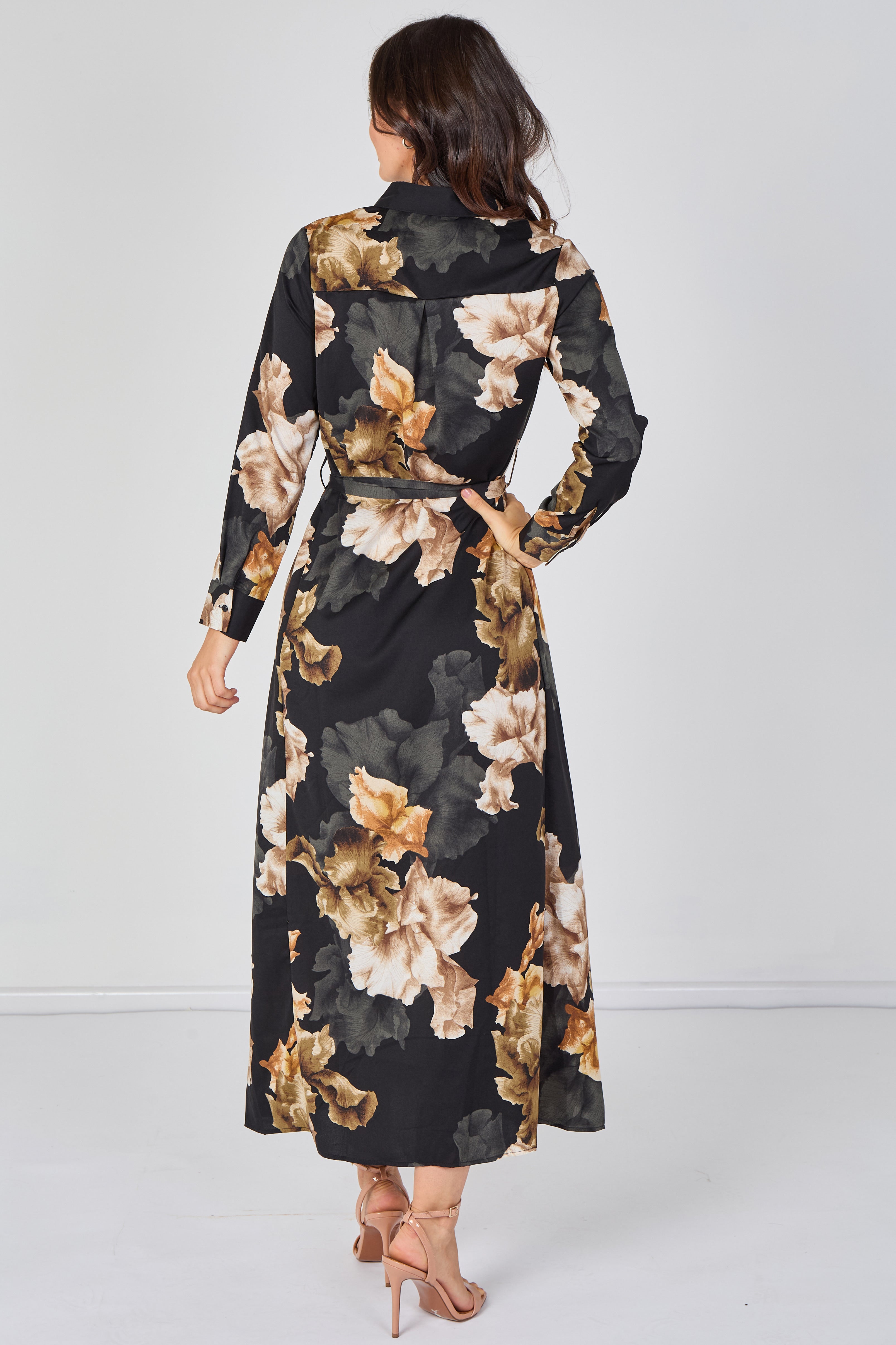 8Pcs Black Iris Floral Belted Maxi Shirt Dress