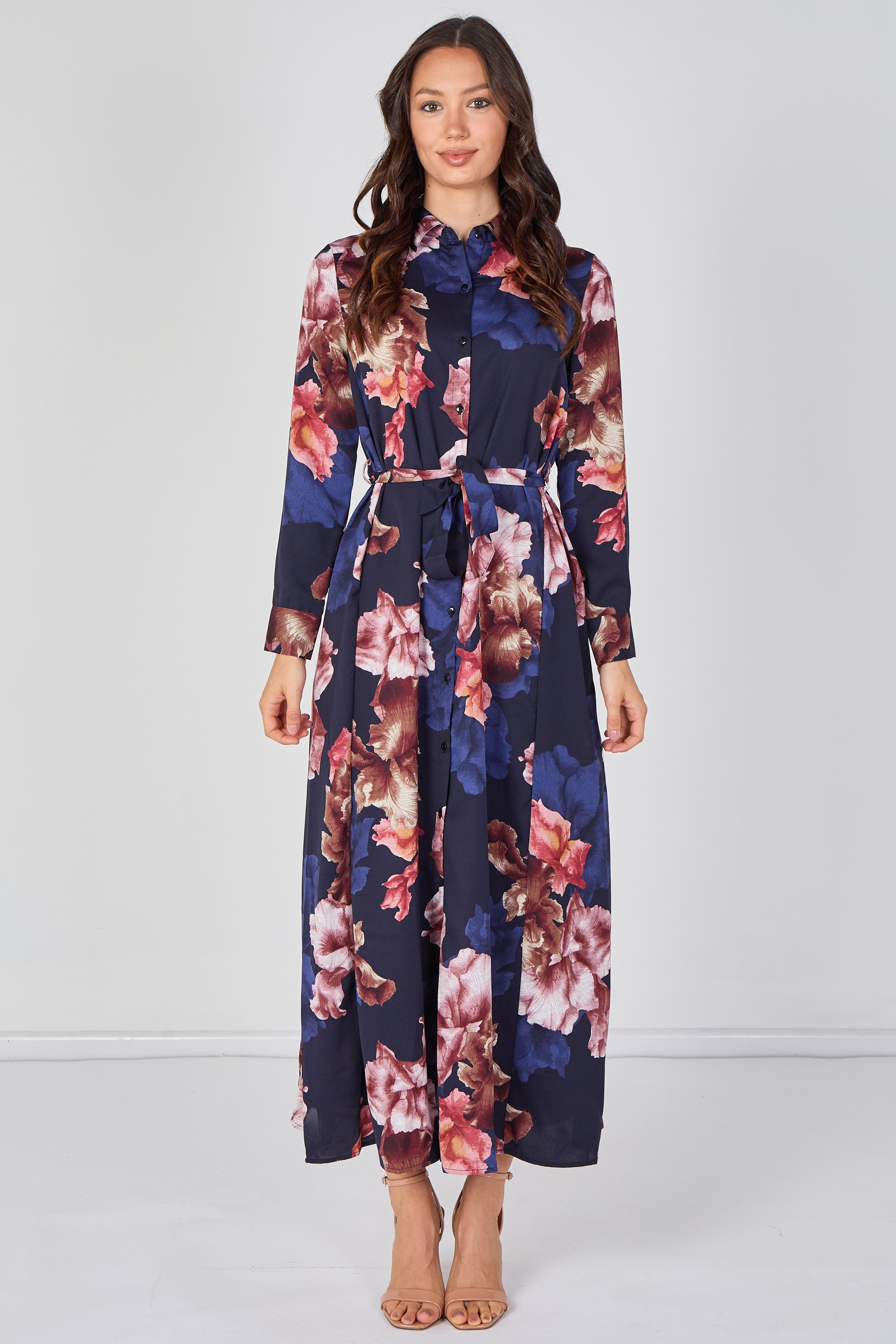 8Pcs Navy Iris Floral Belted Maxi Shirt Dress