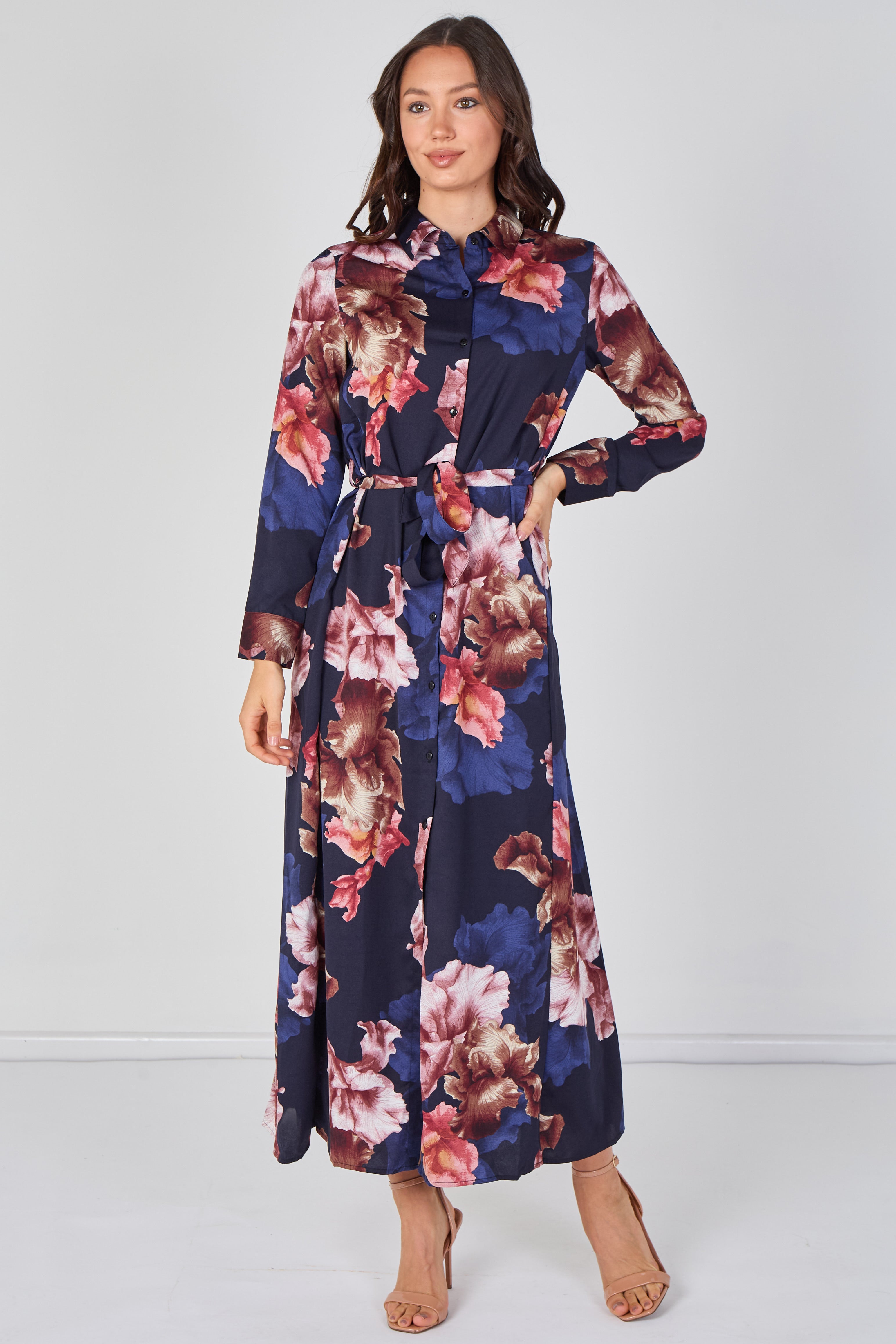 8Pcs Navy Iris Floral Belted Maxi Shirt Dress