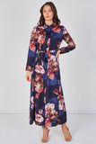 8Pcs Navy Iris Floral Belted Maxi Shirt Dress