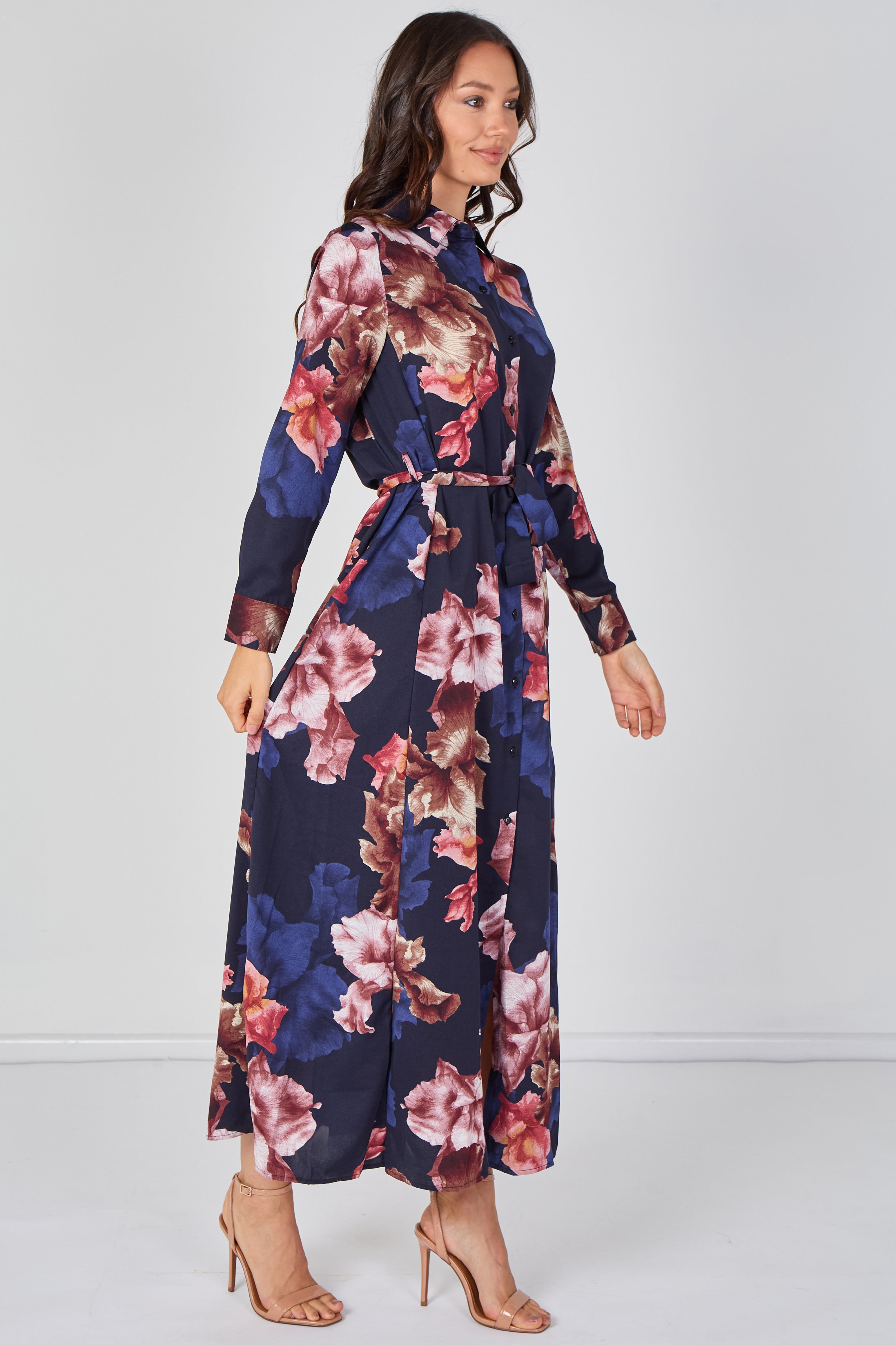 8Pcs Navy Iris Floral Belted Maxi Shirt Dress
